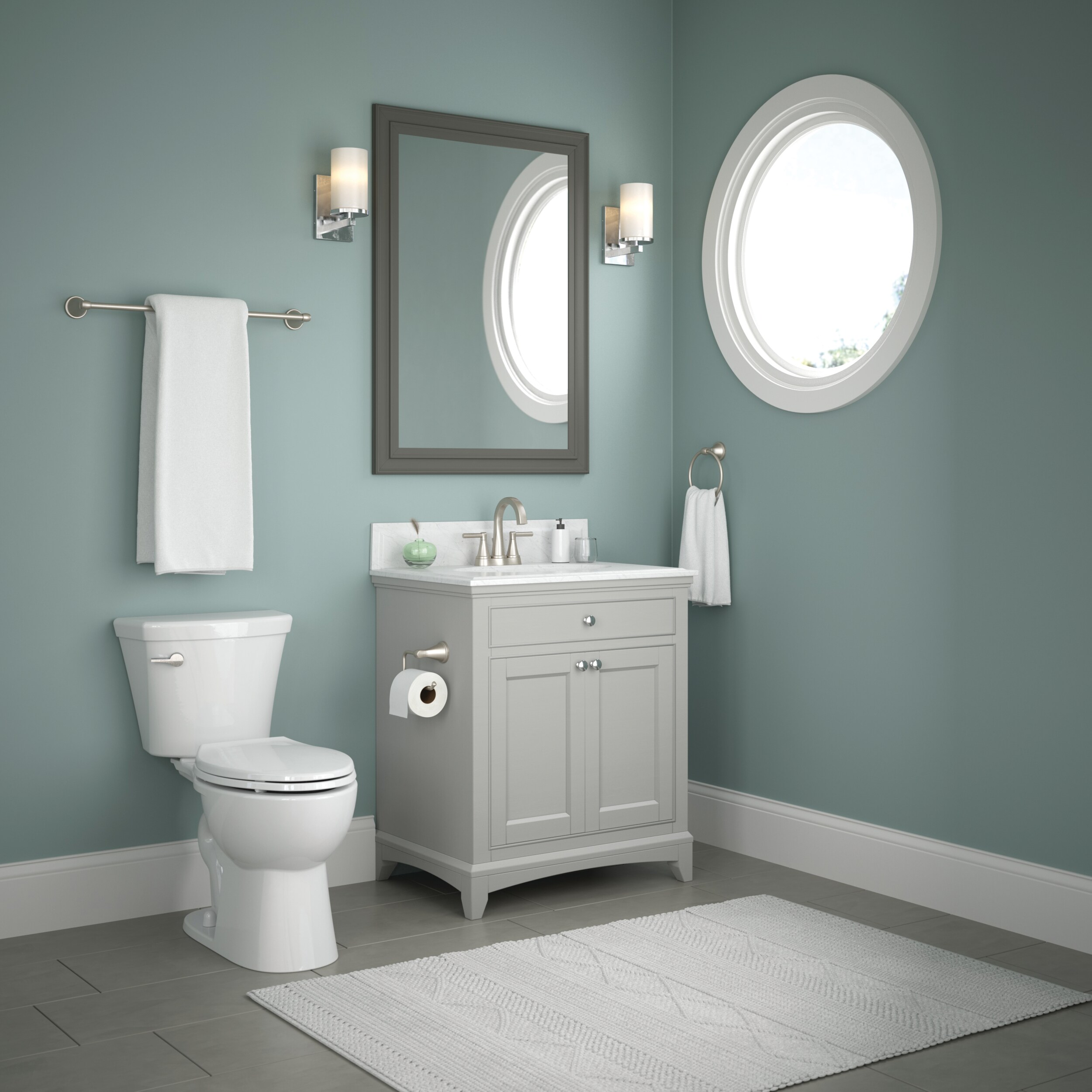 Juego de 3 piezas de accesorios de baño decorativos en níquel cepillado de la serie Becker de Delta con protección contra manchas. Incluye barra para toallas, porta papel higiénico y argolla para toallas BCK63-DN.