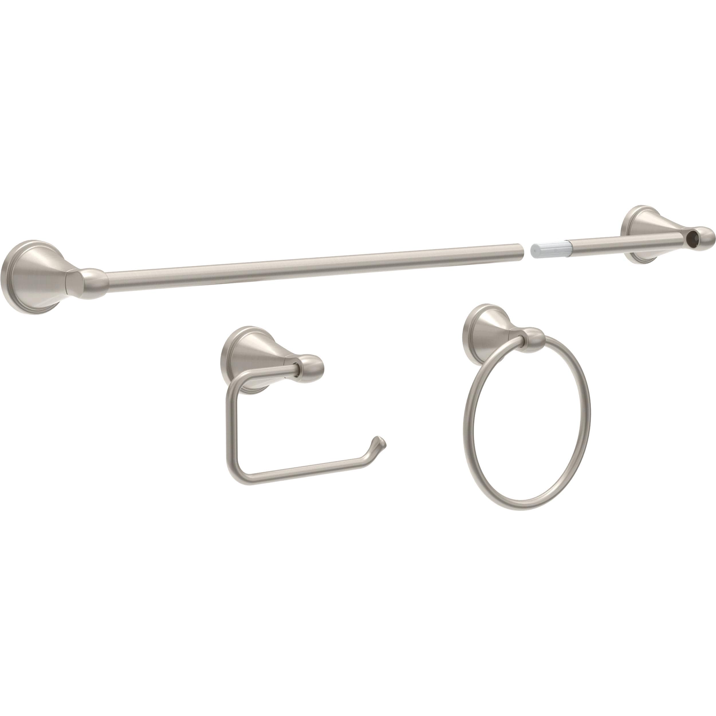 Juego de 3 piezas de accesorios de baño decorativos en níquel cepillado de la serie Becker de Delta con protección contra manchas. Incluye barra para toallas, porta papel higiénico y argolla para toallas BCK63-DN.