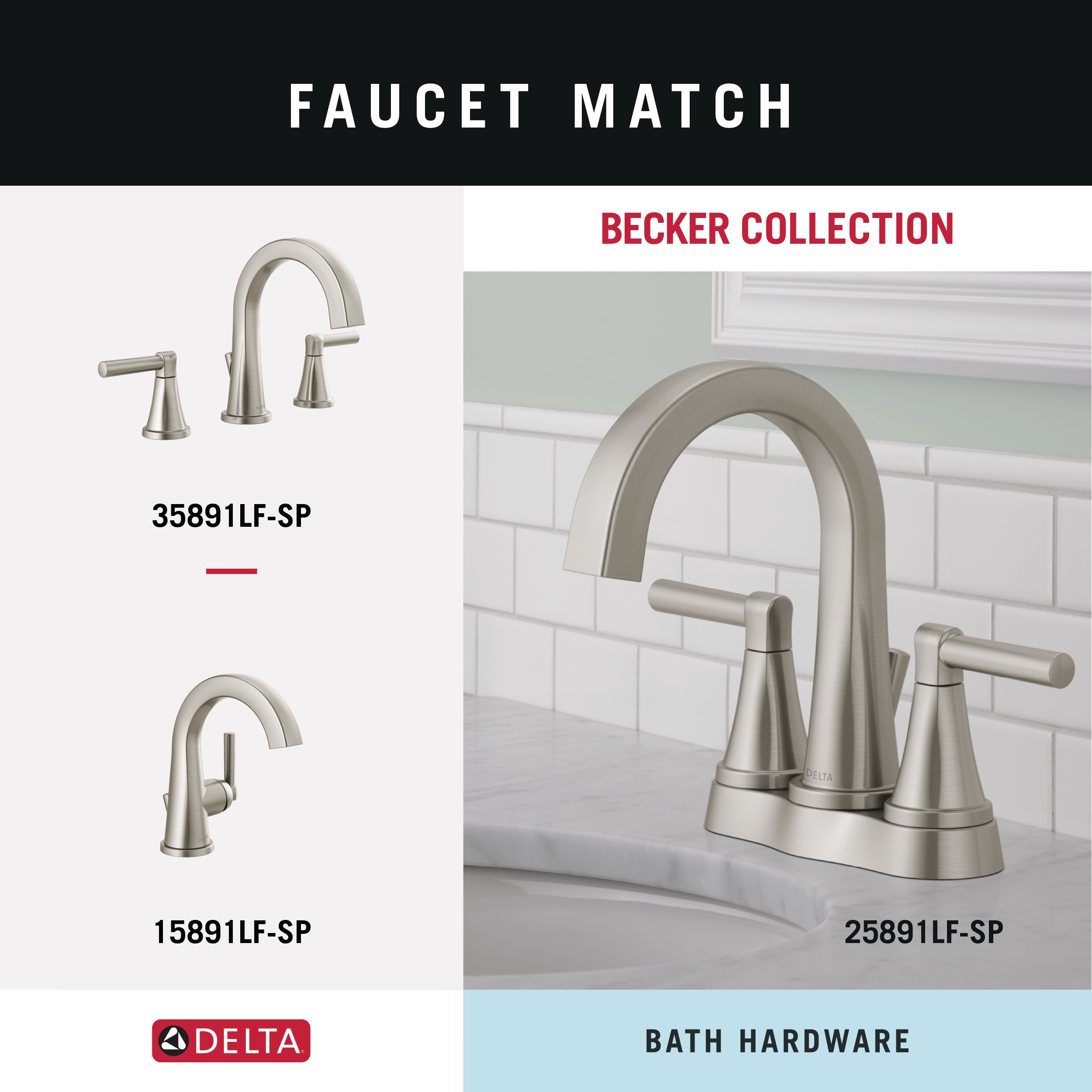 Juego de 3 piezas de accesorios de baño decorativos en níquel cepillado de la serie Becker de Delta con protección contra manchas. Incluye barra para toallas, porta papel higiénico y argolla para toallas BCK63-DN.
