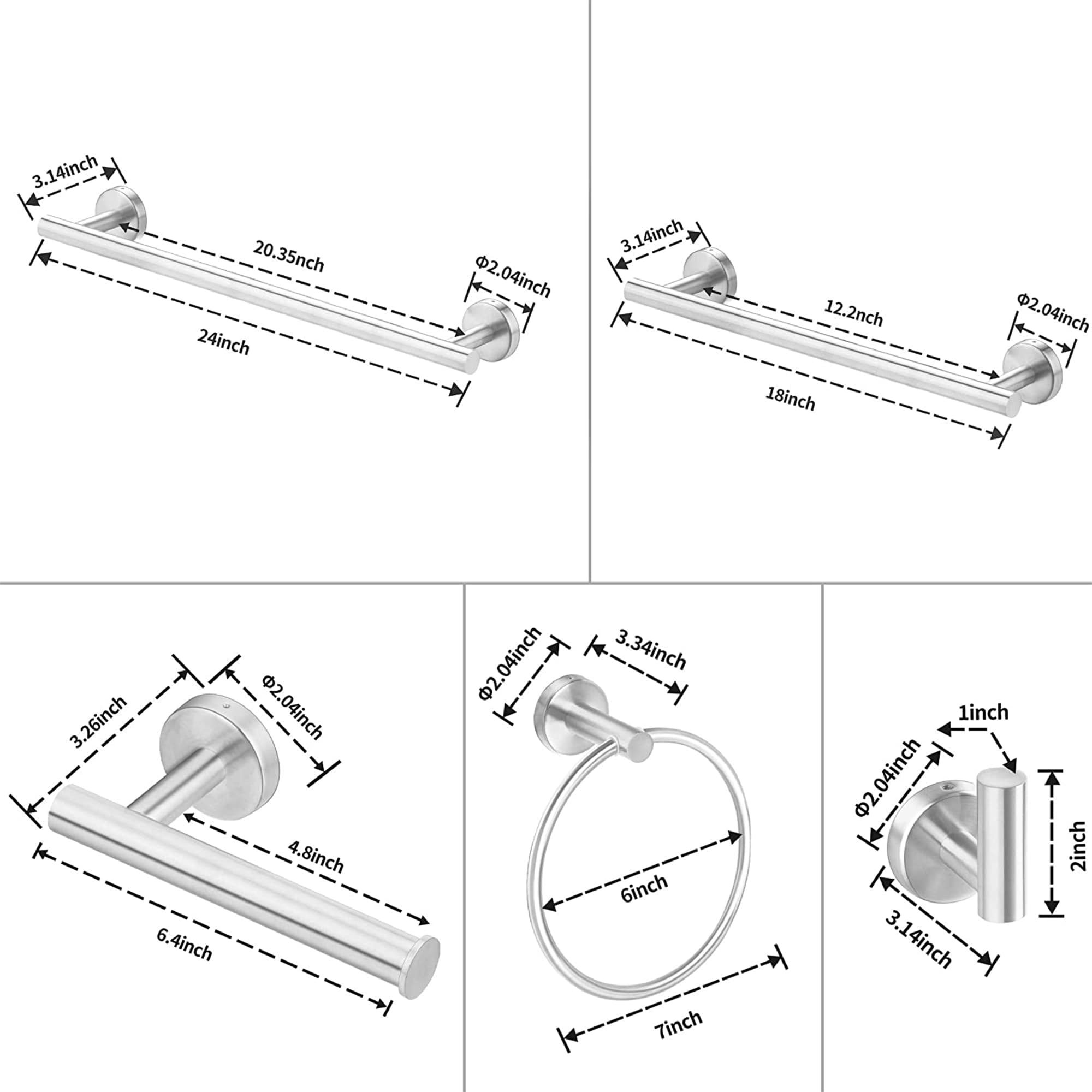Juego de Accesorios para Baño WELLFOR de 6 piezas en Níquel Cepillado - Incluye Barra para Toallas, Porta Papel de Baño, Argolla para Toallas y Gancho para Batas