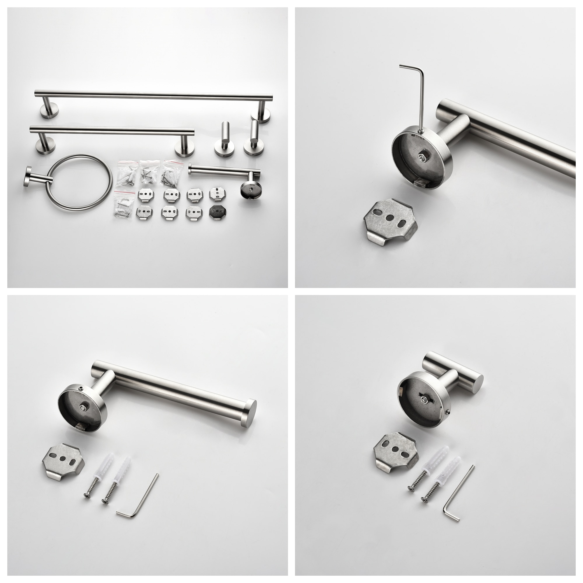 Juego de Accesorios para Baño WELLFOR de 6 piezas en Níquel Cepillado - Incluye Barra para Toallas, Porta Papel de Baño, Argolla para Toallas y Gancho para Batas