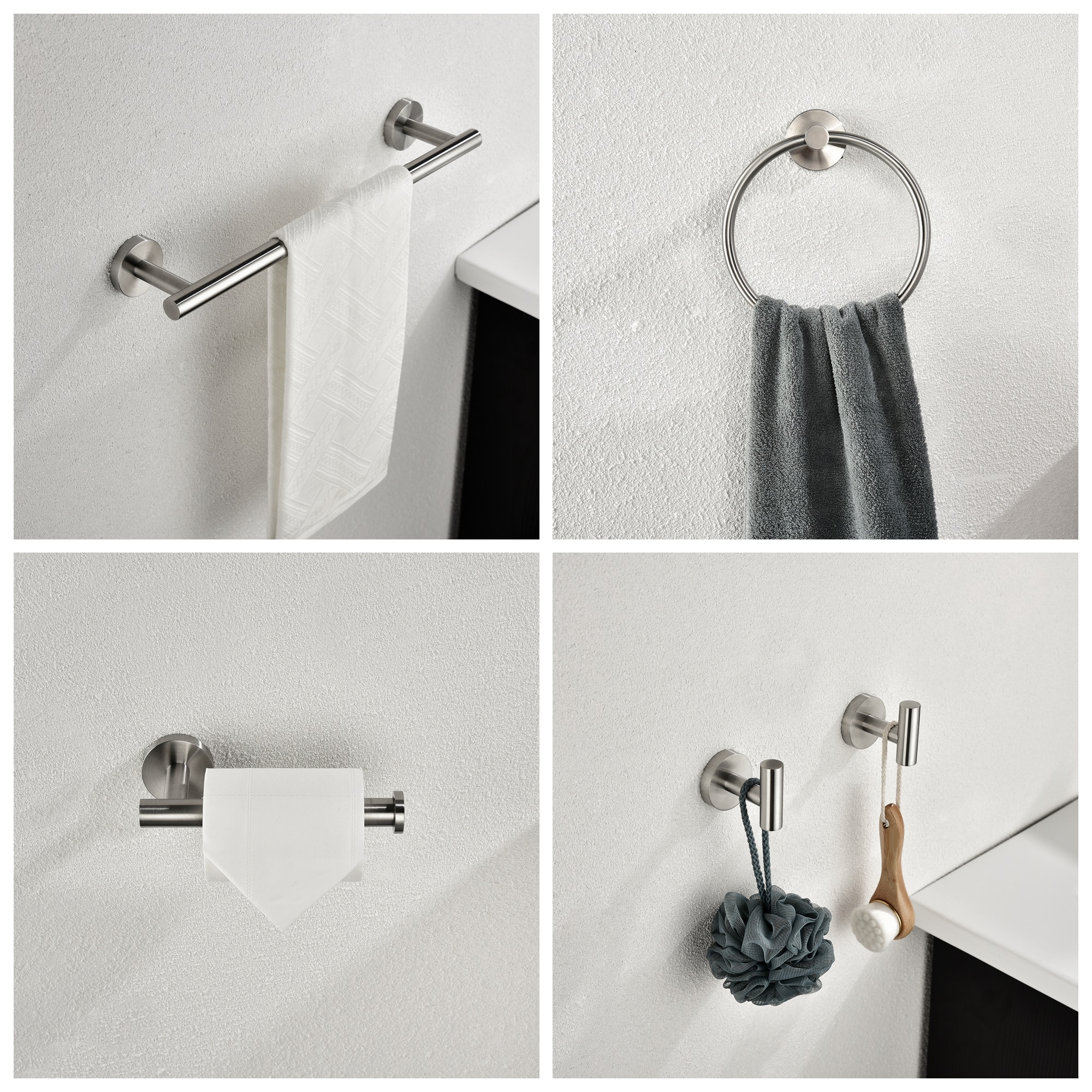 Juego de Accesorios para Baño WELLFOR de 6 piezas en Níquel Cepillado - Incluye Barra para Toallas, Porta Papel de Baño, Argolla para Toallas y Gancho para Batas