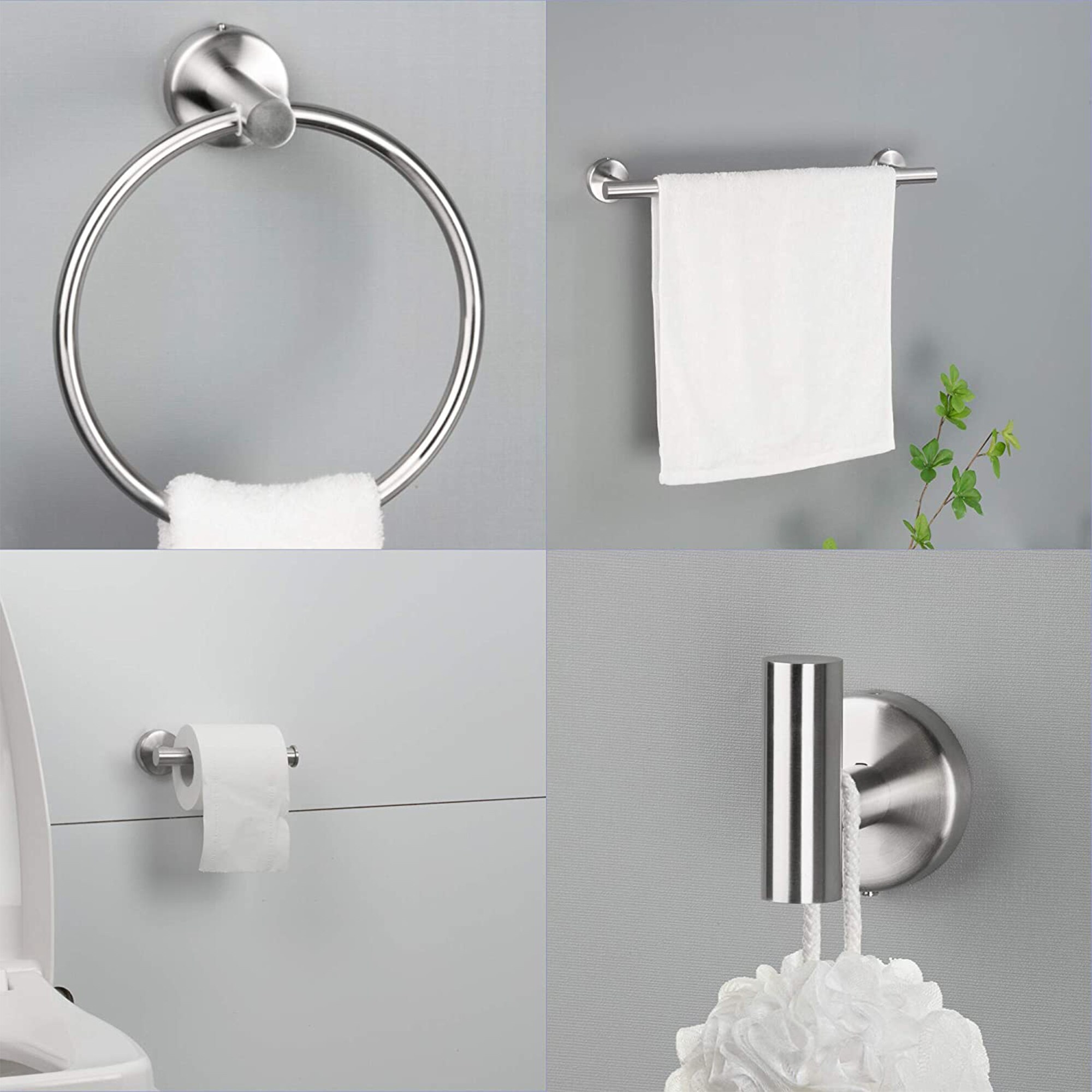 Juego de Accesorios para Baño WELLFOR de 6 piezas en Níquel Cepillado - Incluye Barra para Toallas, Porta Papel de Baño, Argolla para Toallas y Gancho para Batas