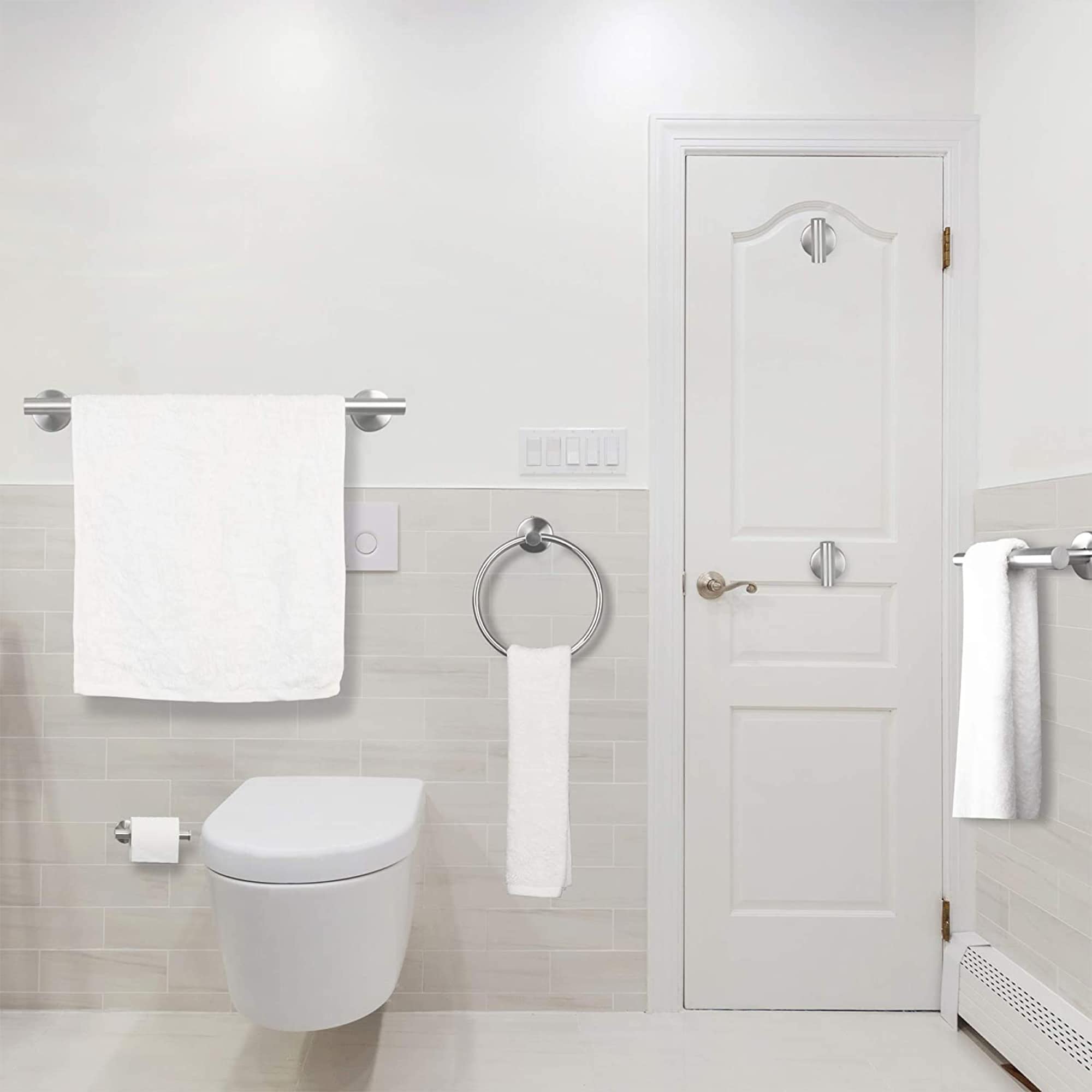 Juego de Accesorios para Baño WELLFOR de 6 piezas en Níquel Cepillado - Incluye Barra para Toallas, Porta Papel de Baño, Argolla para Toallas y Gancho para Batas