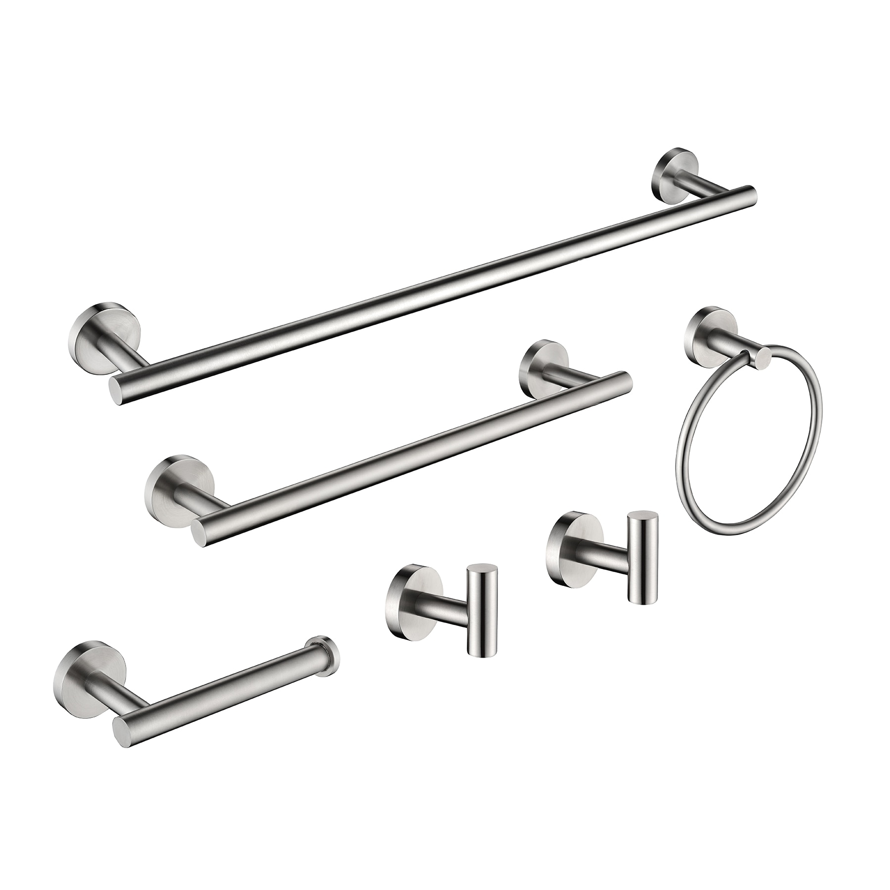 Juego de Accesorios para Baño WELLFOR de 6 piezas en Níquel Cepillado - Incluye Barra para Toallas, Porta Papel de Baño, Argolla para Toallas y Gancho para Batas