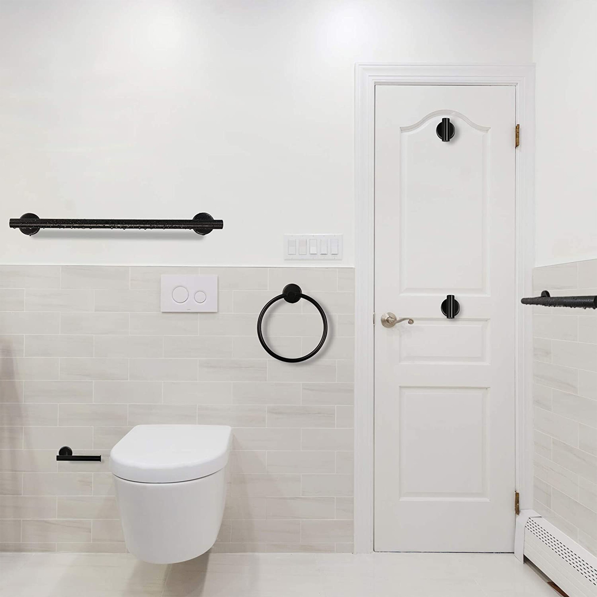 Juego de accesorios para baño en acabado negro mate de 6 piezas WELLFOR - Barra de toalla, porta papel higiénico, argolla para toalla, gancho para bata incluidos WAG08MB