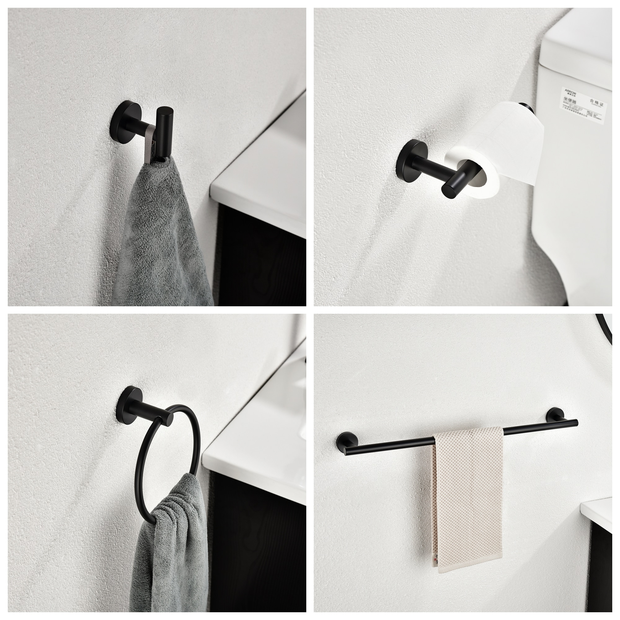Juego de accesorios para baño en acabado negro mate de 6 piezas WELLFOR - Barra de toalla, porta papel higiénico, argolla para toalla, gancho para bata incluidos WAG08MB