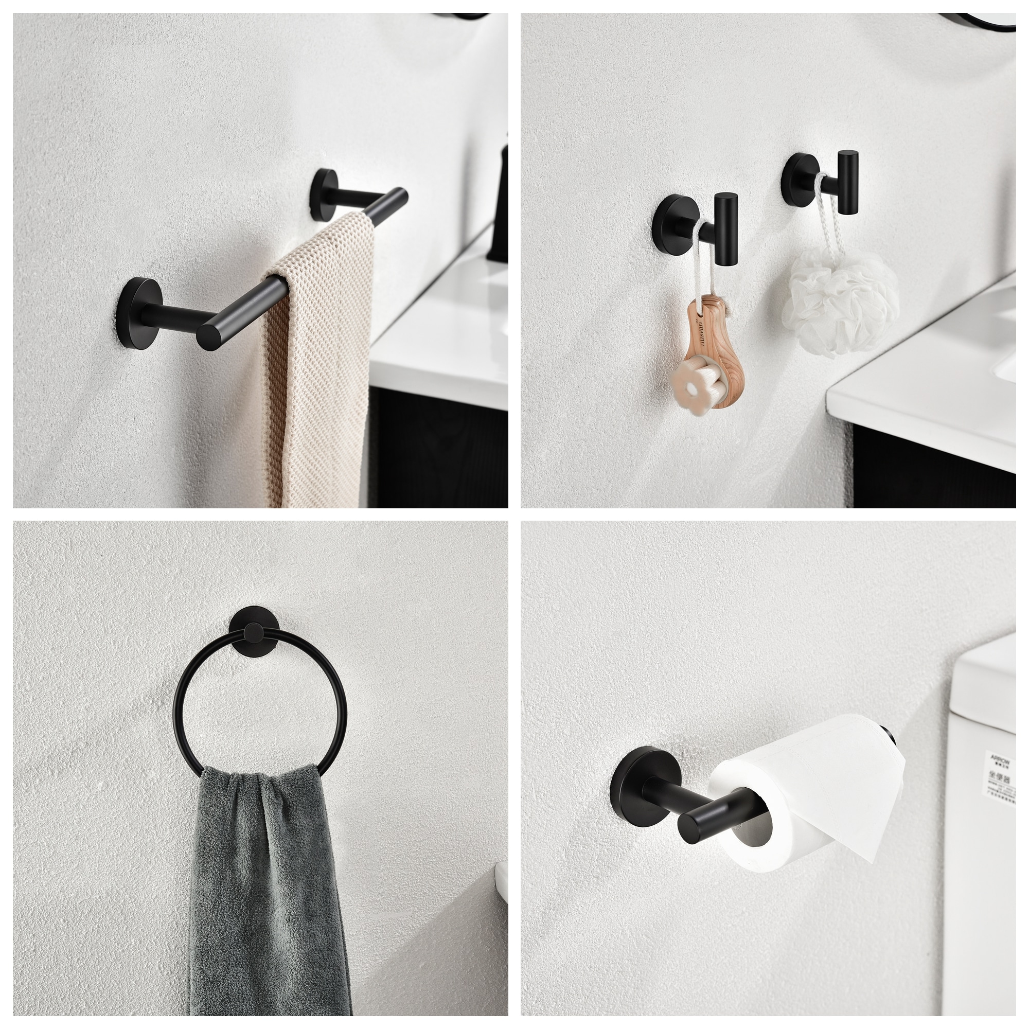Juego de accesorios para baño en acabado negro mate de 6 piezas WELLFOR - Barra de toalla, porta papel higiénico, argolla para toalla, gancho para bata incluidos WAG08MB
