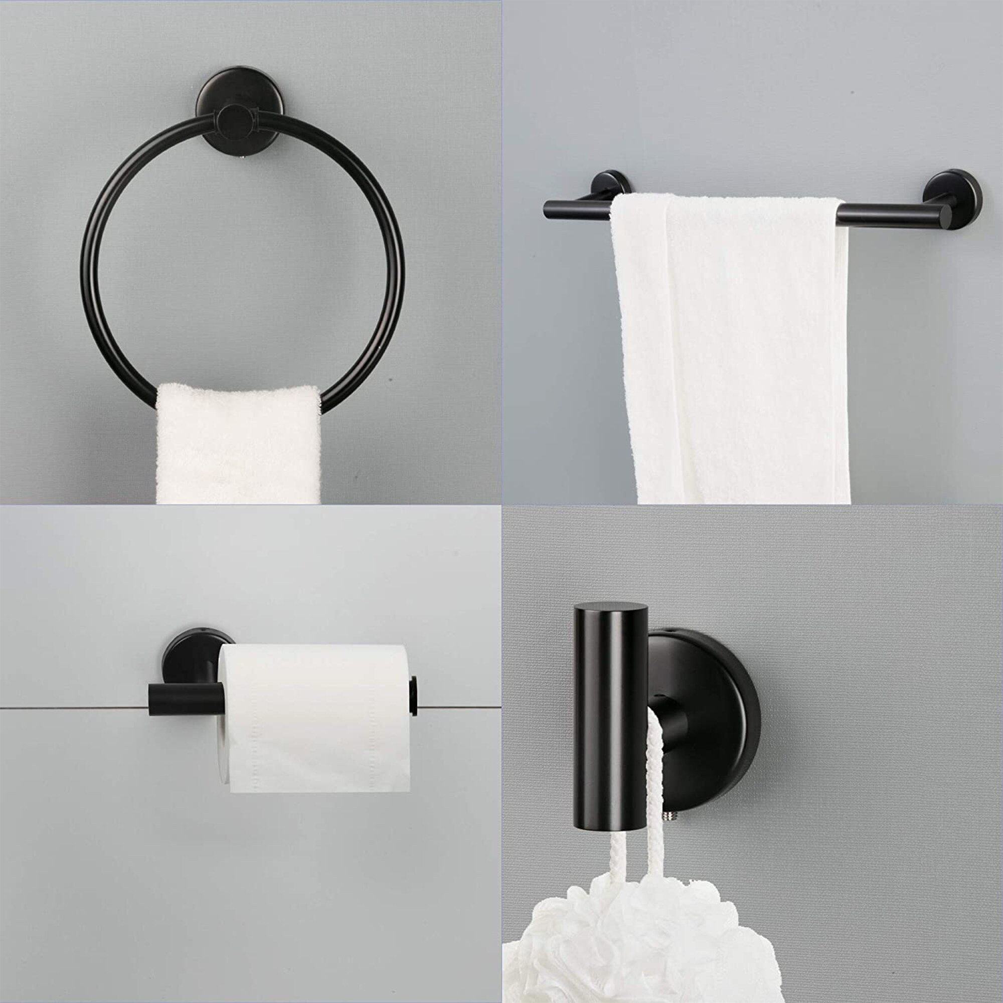 Juego de accesorios para baño en acabado negro mate de 6 piezas WELLFOR - Barra de toalla, porta papel higiénico, argolla para toalla, gancho para bata incluidos WAG08MB