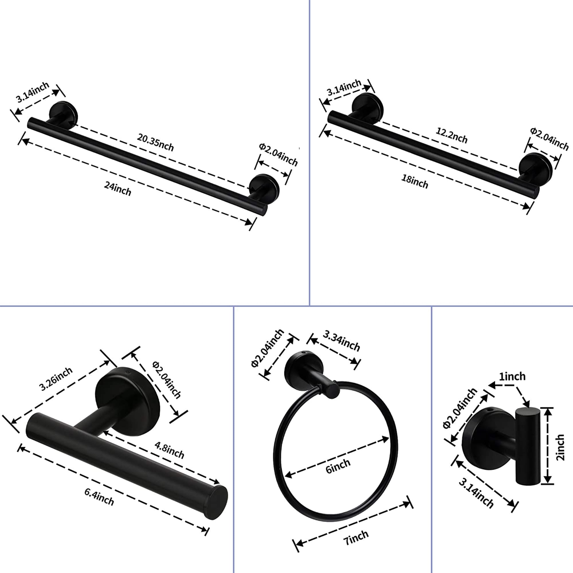 Juego de accesorios para baño en acabado negro mate de 6 piezas WELLFOR - Barra de toalla, porta papel higiénico, argolla para toalla, gancho para bata incluidos WAG08MB