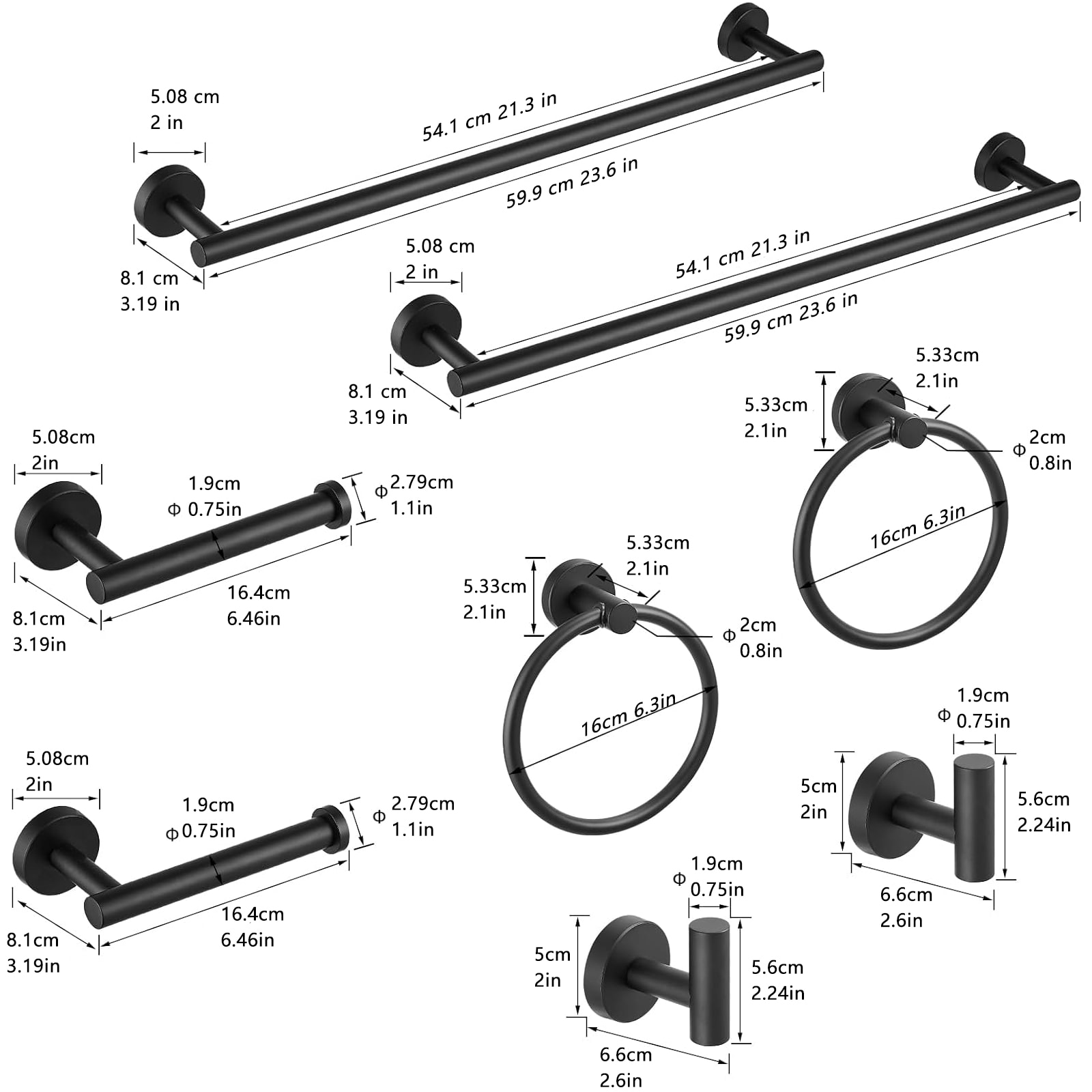 Juego de Accesorios de Baño Decorativos en Negro Mate de 8 Piezas WELLFOR - Barra de Toalla, Portapapel, Argolla de Toalla, Incluido WK0910