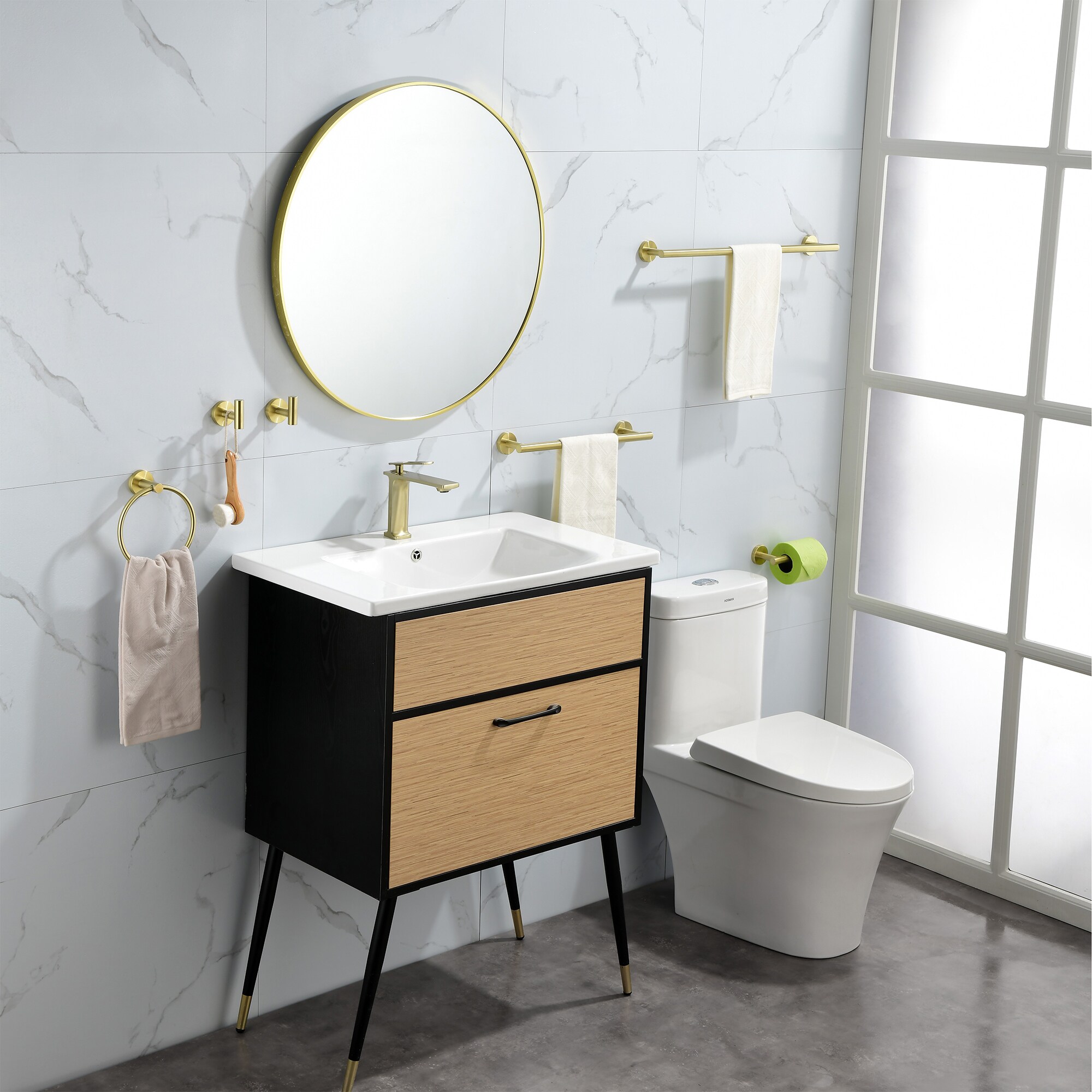 Juego de accesorios de baño estilo oro cepillado de 6 piezas WELLFOR, incluye barra para toallas, porta papel higiénico, argolla para toallas y gancho para batas, modelo WK0911.