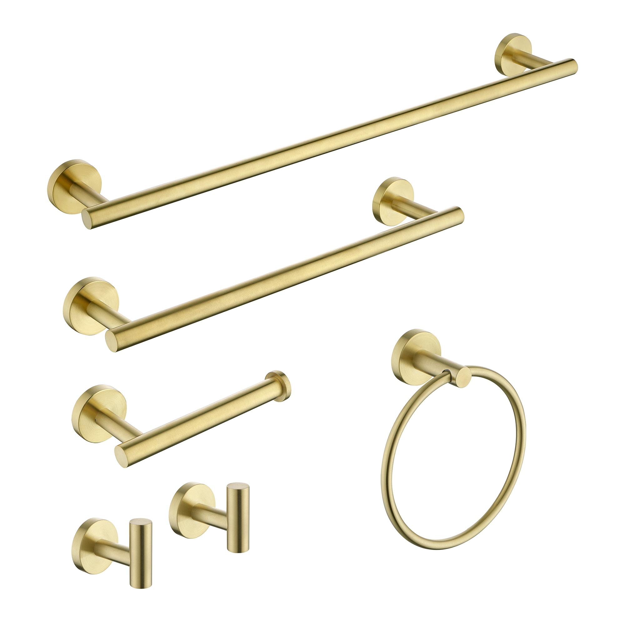 Juego de accesorios de baño estilo oro cepillado de 6 piezas WELLFOR, incluye barra para toallas, porta papel higiénico, argolla para toallas y gancho para batas, modelo WK0911.