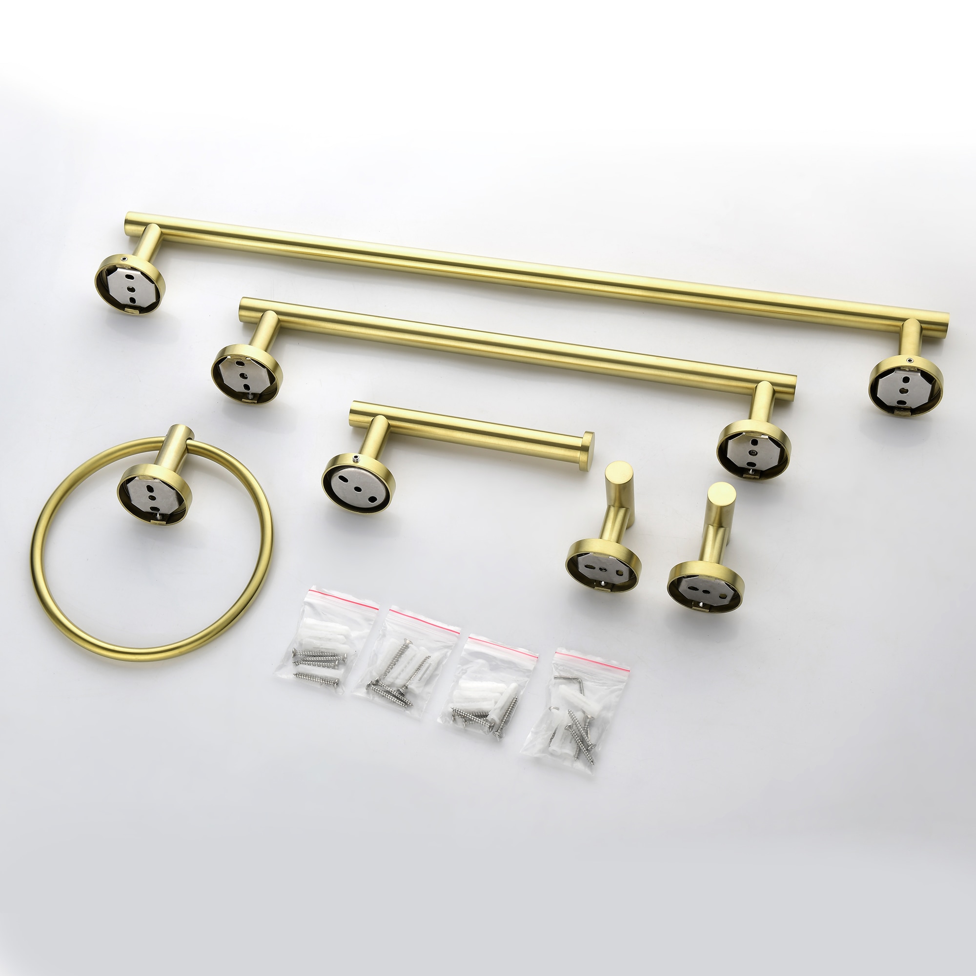 Juego de accesorios de baño estilo oro cepillado de 6 piezas WELLFOR, incluye barra para toallas, porta papel higiénico, argolla para toallas y gancho para batas, modelo WK0911.