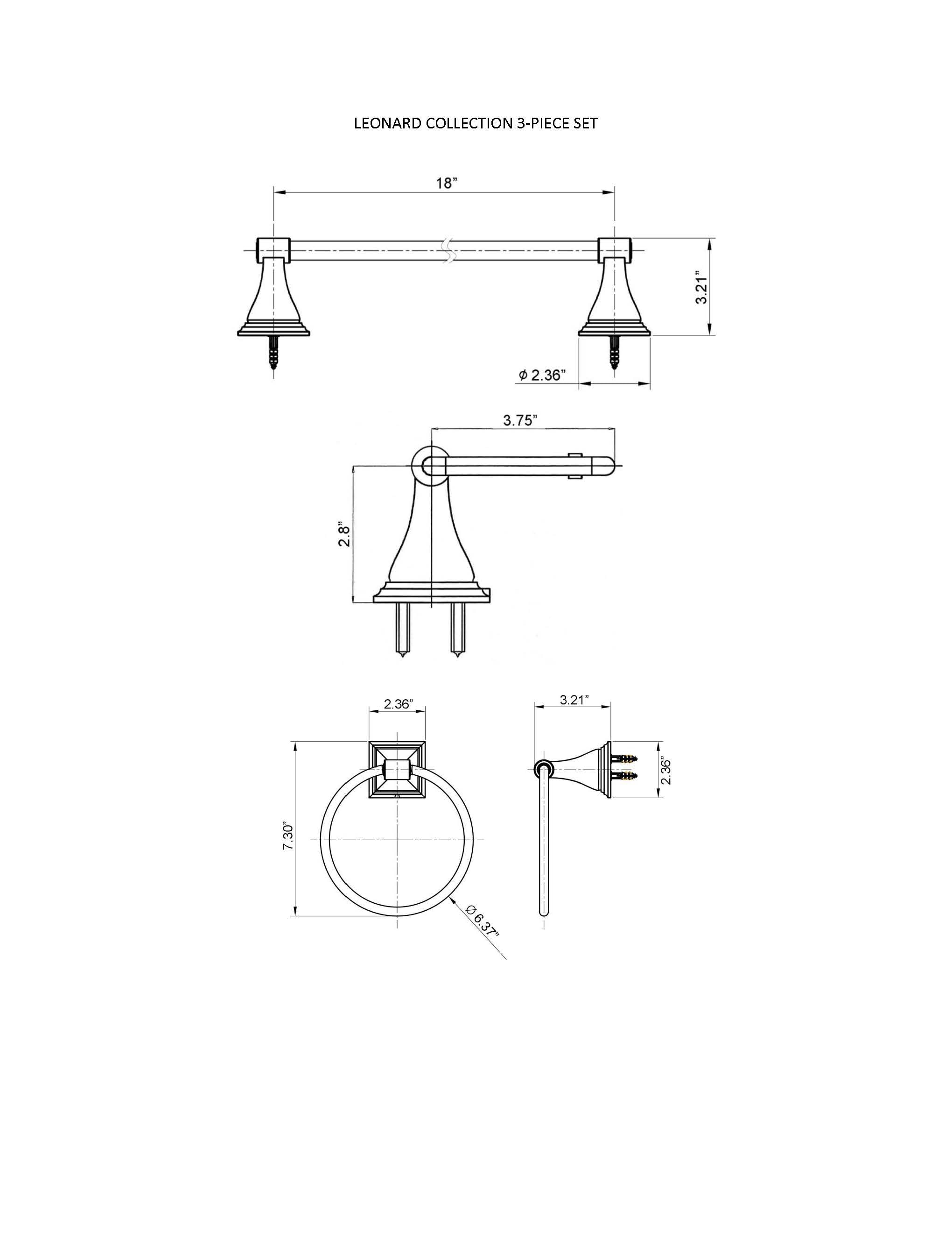 Juego de accesorios de baño decorativos Leonard cromados de 3 piezas ARISTA - Barra de toallas, porta papel higiénico, anillo de toallas incluidos 1701-3SET-CH