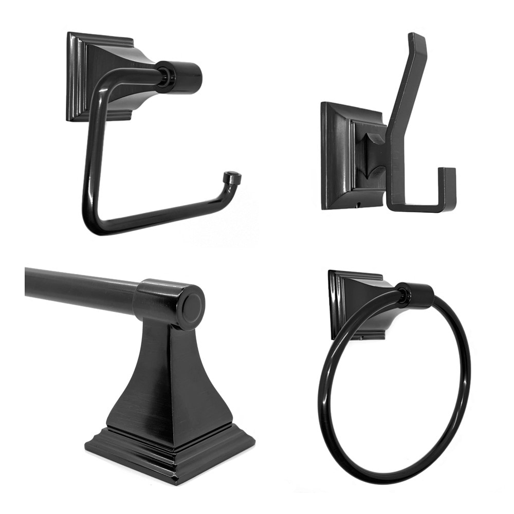 Juego de hardware para baño decorativo en negro mate de 4 piezas, incluye barra de toalla, porta papel higiénico, anillo para toalla y gancho para bata Leonard.