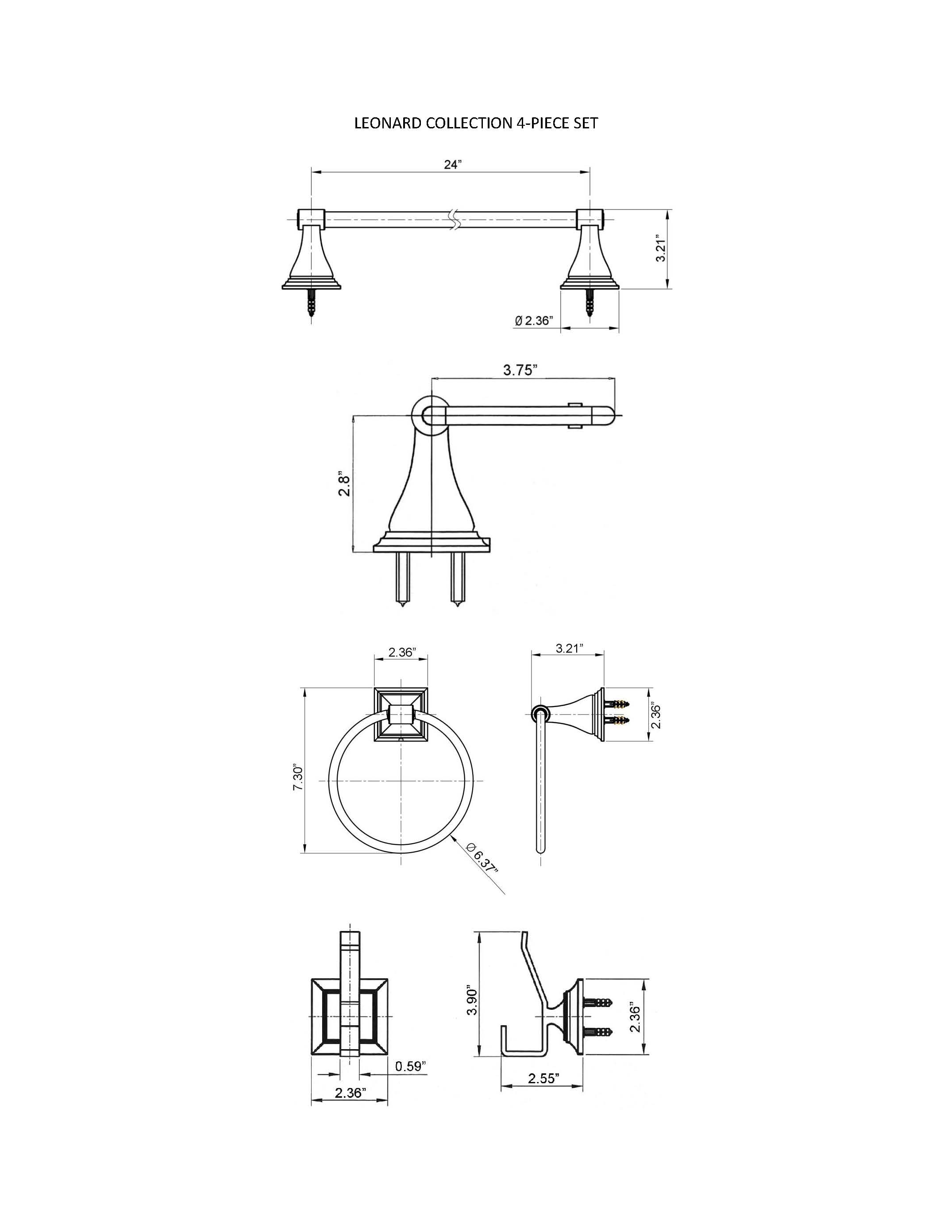 Juego de hardware para baño decorativo en negro mate de 4 piezas, incluye barra de toalla, porta papel higiénico, anillo para toalla y gancho para bata Leonard.