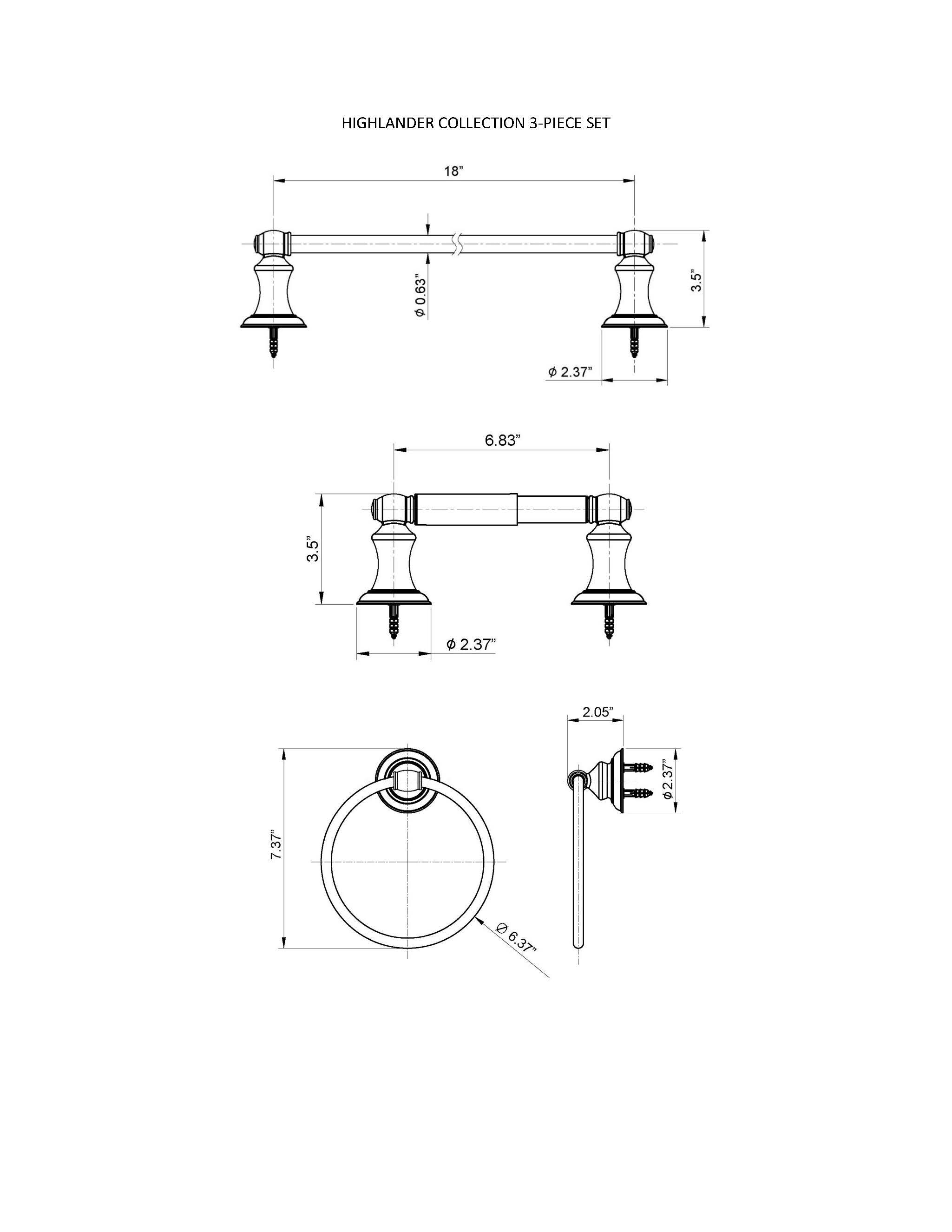Juego de accesorios decorativos para baño Highland de 3 piezas en níquel satinado - Barra de toallas, portarrollos y argolla para toallas incluidos 3502-3SET-SN