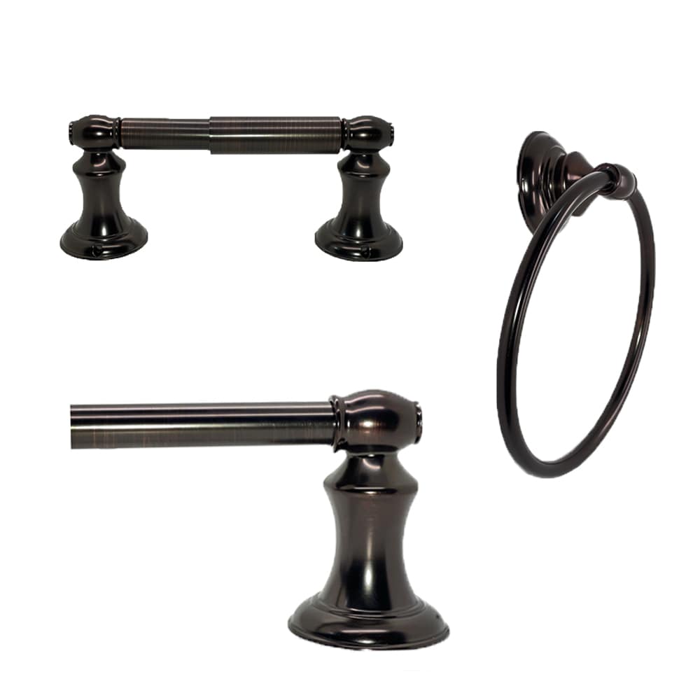 Juego de Accesorios Decorativos para Baño en Aceite Bronce Friccionado, Modelo Highlander de 3 piezas: Barra para Toallas, Porta Papel Higiénico y Argolla para Toallas - Incluye 3503-3SET-ORB