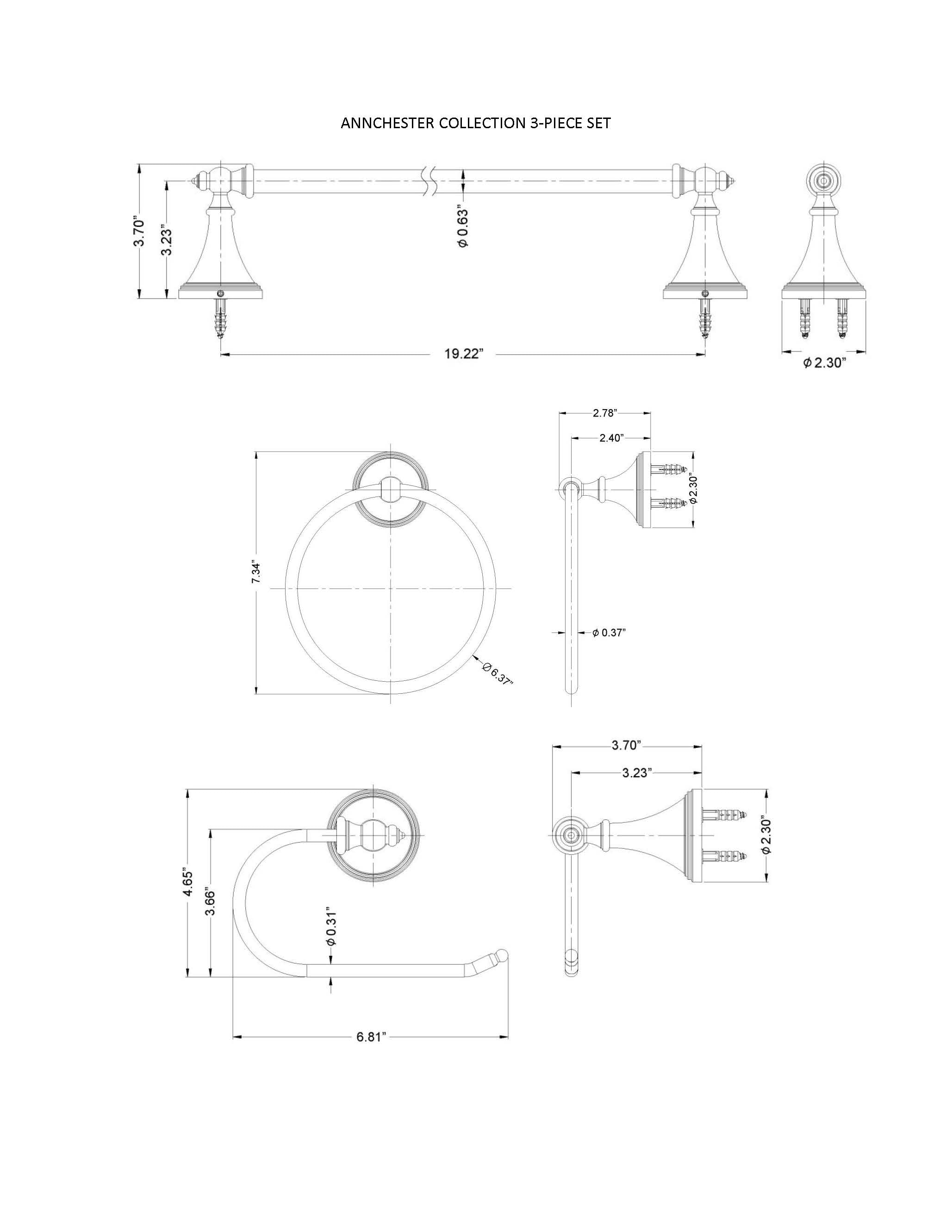 Juego de accesorios decorativos para baño en bronce aceitado ARISTA Annchester de 3 piezas: Barra de toalla, portarrollos y argolla para toallas (Incluye 5303-3SET-ORB)