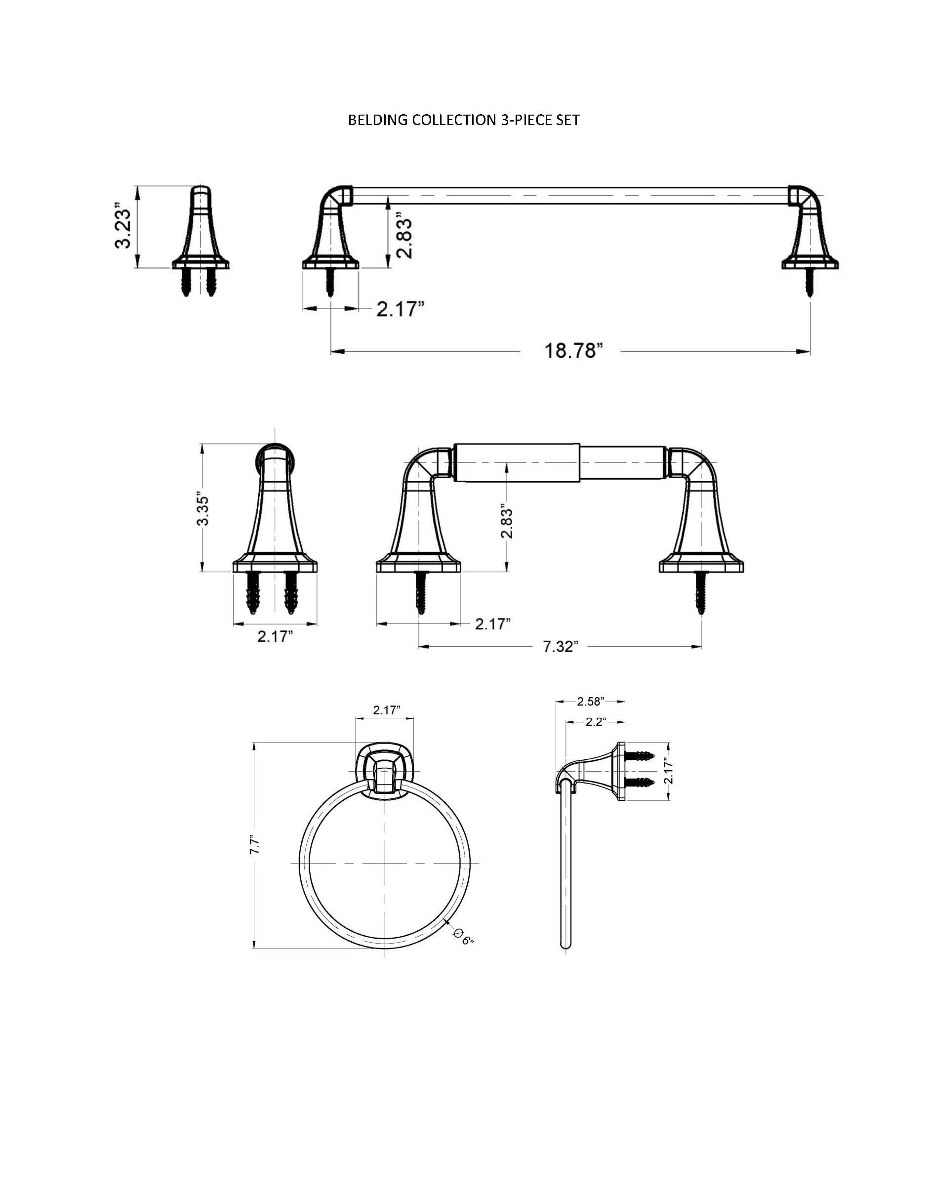 Juego de Accesorios de Baño Decorativos de Cromo Belding de 3 piezas ARISTA - Barra de Toallas, Porta Papel Higiénico y Argolla de Toalla, Incluido 5701-3SET-CH