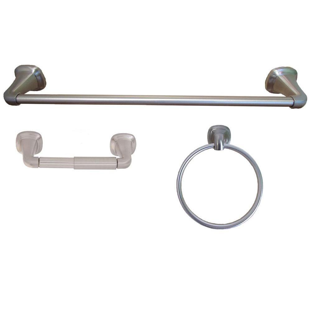 Juego de accesorios para baño decorativos ARISTA de 3 piezas en níquel satinado que incluye barra para toallas, portarrollos de papel higiénico y argolla para toallas.