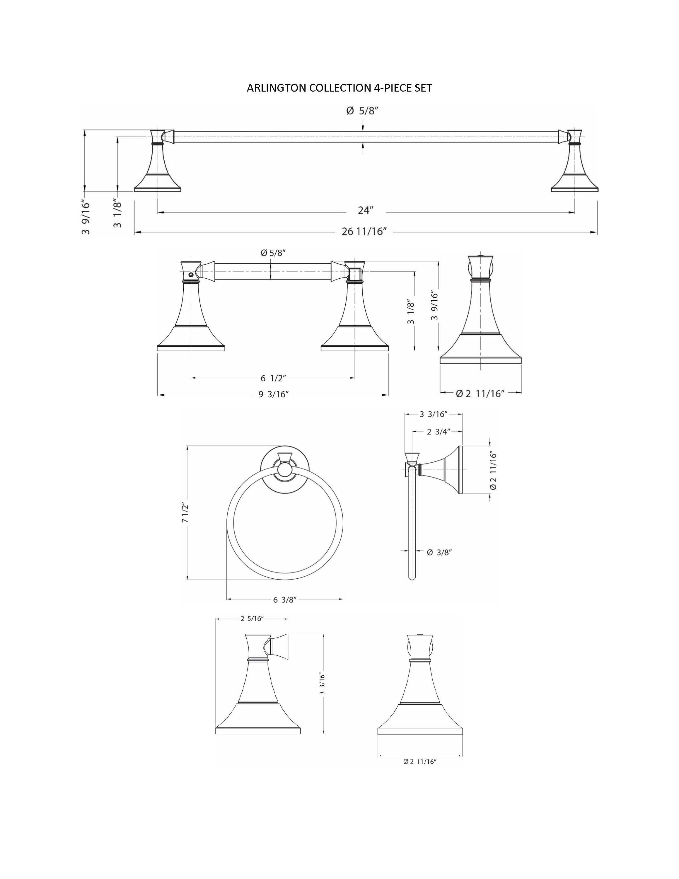 Juego de accesorios de baño decorativos en acabado mate negro de 4 piezas Arlington - Barra de toalla, porta papel higiénico, anillo de toalla, gancho para bata incluidos 2705-4SET-MB
