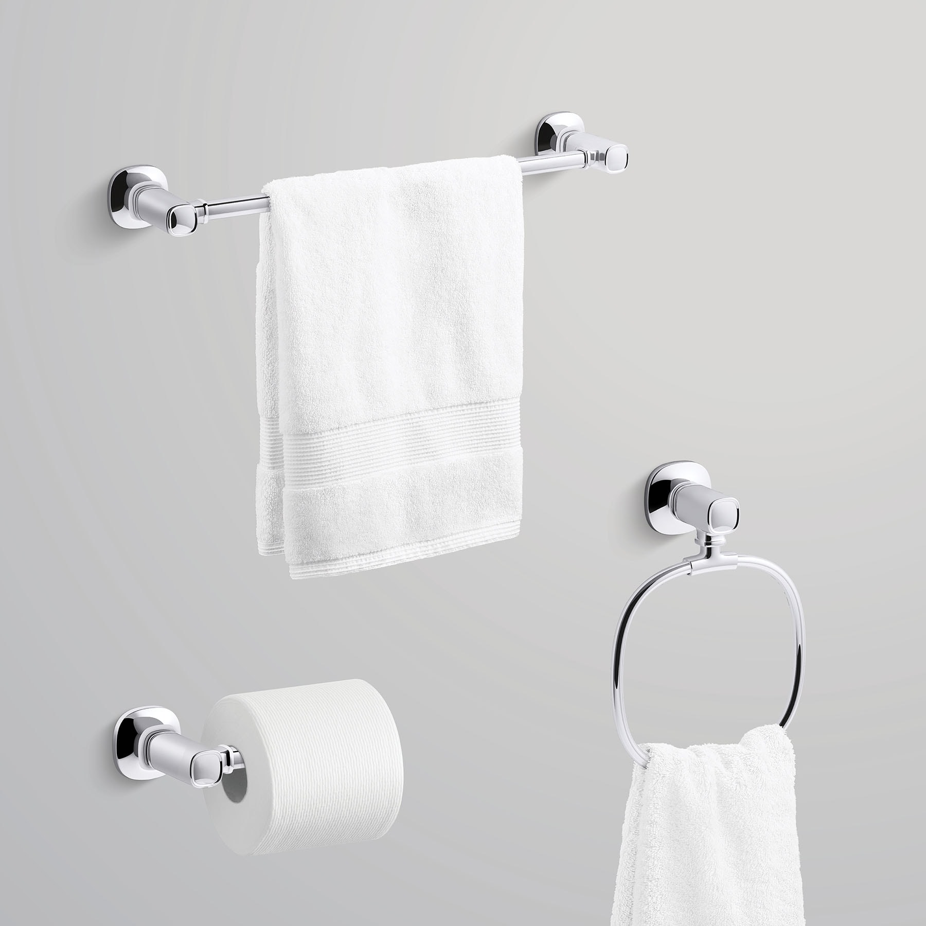 Juego de Accesorios de Baño Decorativos en Cromo Pulido de 3 Piezas Ealing de KOHLER: Barra de Toalla, Porta Papel Higiénico y Argolla para Toalla, Incluidos R31070-CP