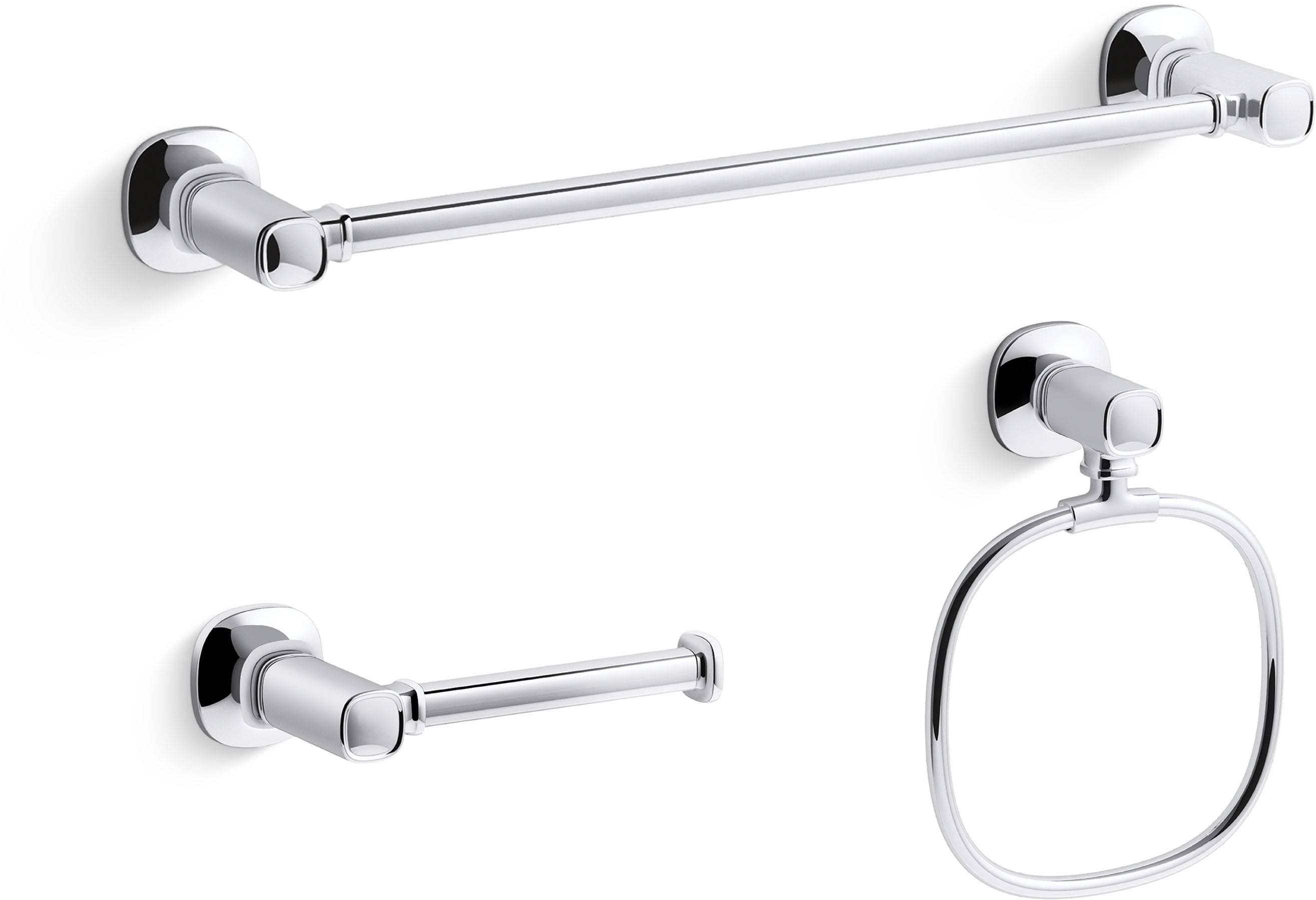 Juego de Accesorios de Baño Decorativos en Cromo Pulido de 3 Piezas Ealing de KOHLER: Barra de Toalla, Porta Papel Higiénico y Argolla para Toalla, Incluidos R31070-CP