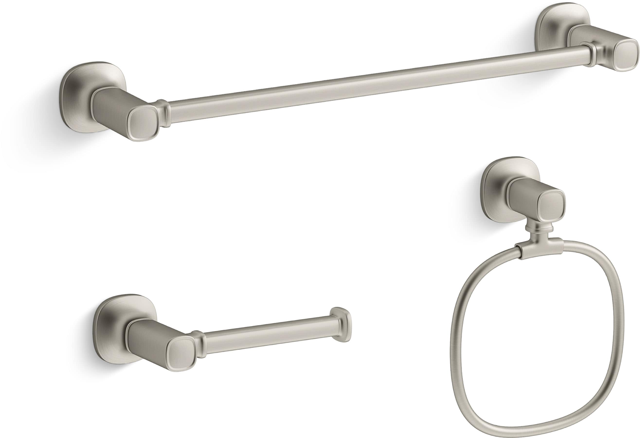 Juego de accesorios decorativos para baño de 3 piezas en níquel cepillado vibrante Ealing de KOHLER, incluye barra de toallas, porta papel higiénico y argolla para toallas (R31070-BN)