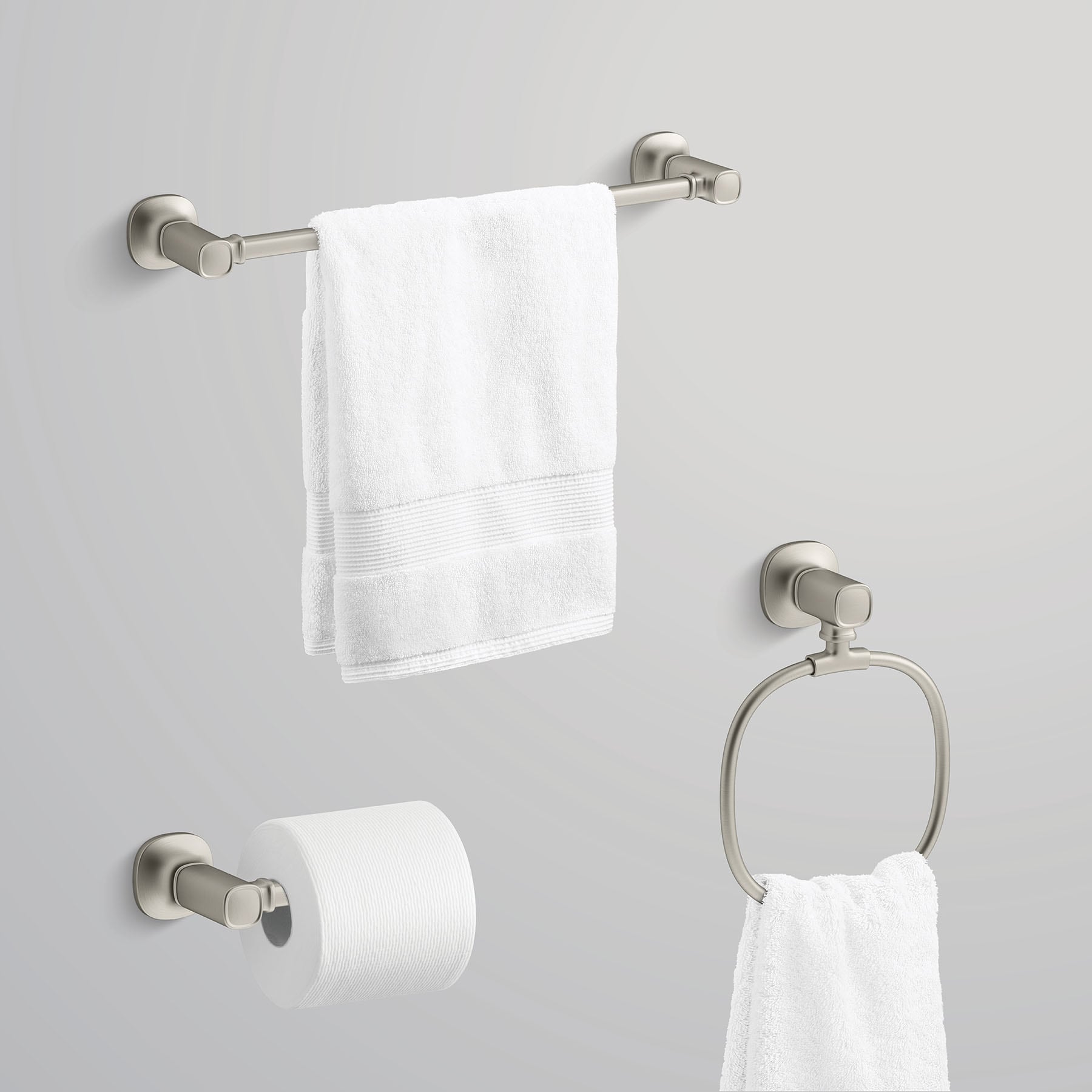 Juego de accesorios decorativos para baño de 3 piezas en níquel cepillado vibrante Ealing de KOHLER, incluye barra de toallas, porta papel higiénico y argolla para toallas (R31070-BN)