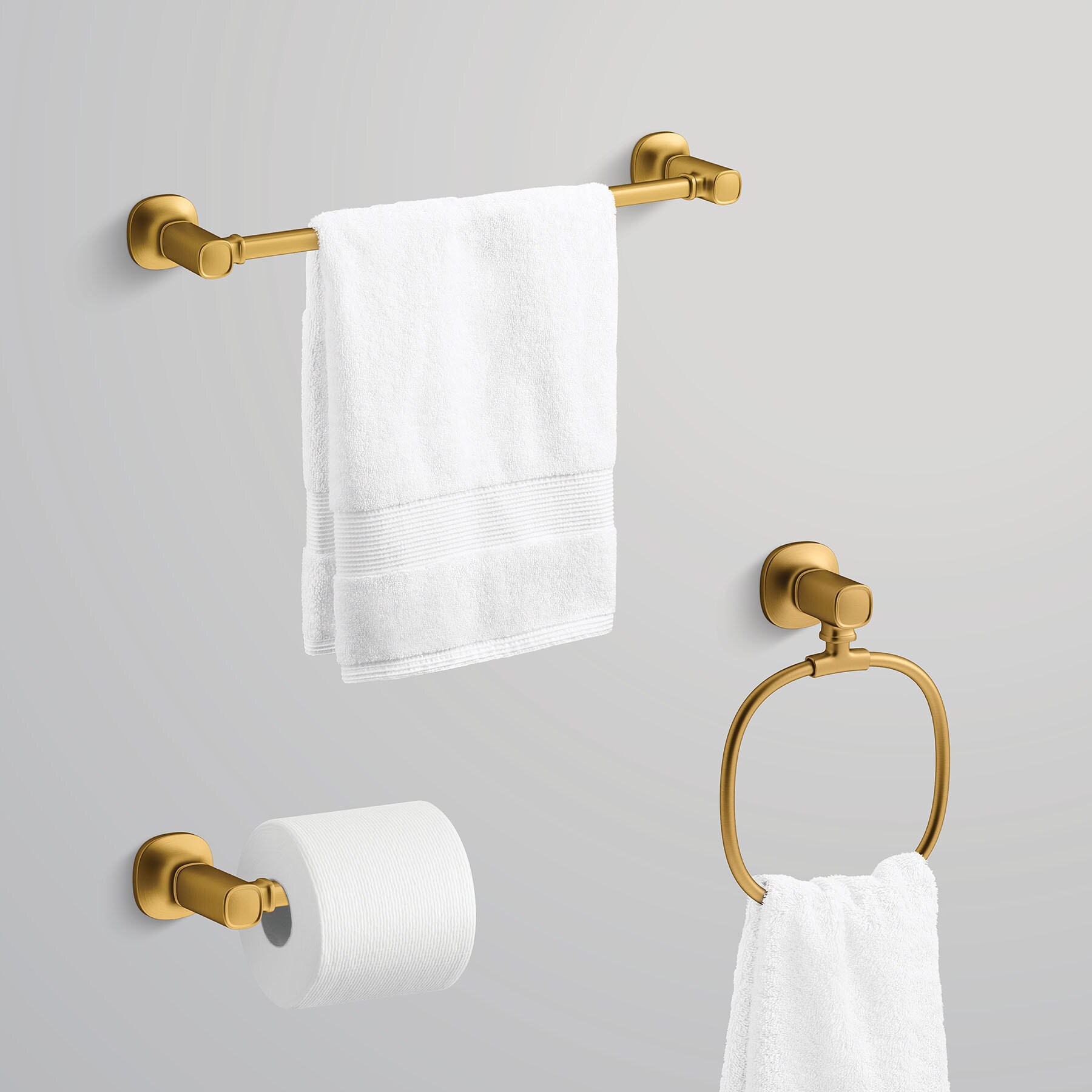 Juego de accesorios decorativos para baño de latón moderno vibrante cepillado de 3 piezas Ealing de KOHLER, que incluye barra para toallas, porta papel higiénico y anillo para toallas (R31070-2MB)