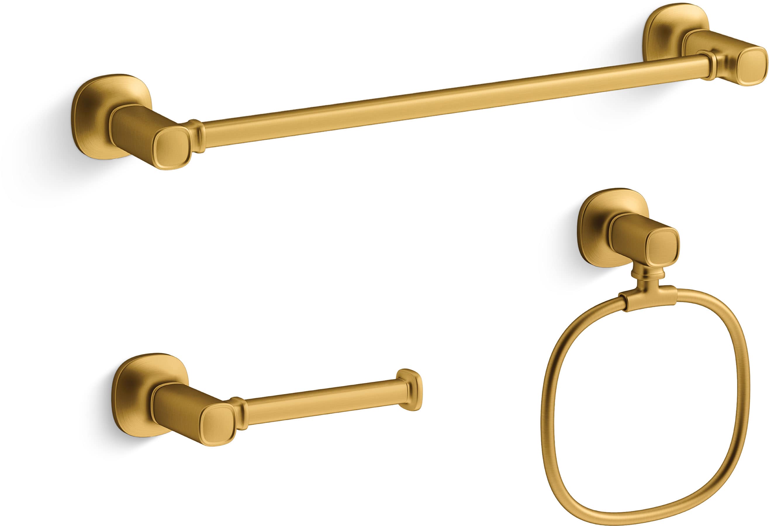 Juego de accesorios decorativos para baño de latón moderno vibrante cepillado de 3 piezas Ealing de KOHLER, que incluye barra para toallas, porta papel higiénico y anillo para toallas (R31070-2MB)