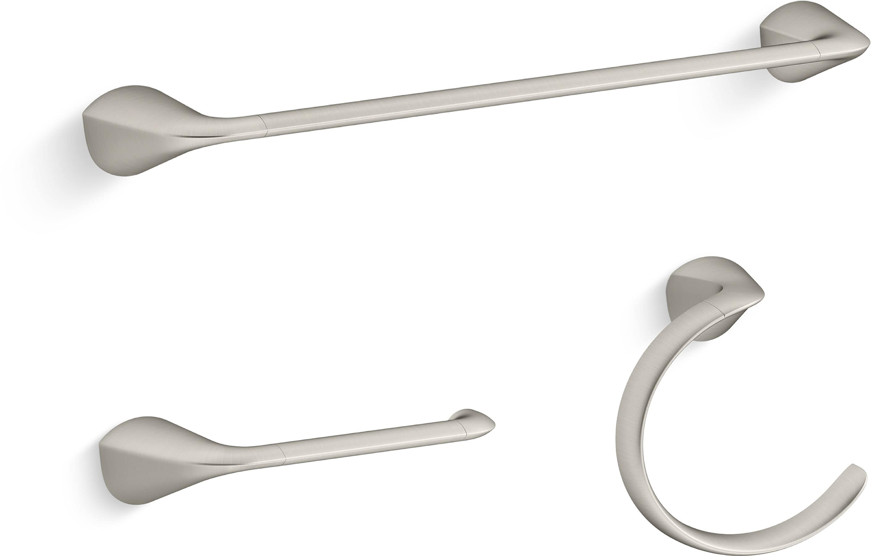 Juego de accesorios decorativos para baño Avail vibrante de níquel cepillado de 3 piezas KOHLER con barra de toalla, portapapel higiénico y argolla para toalla incluidos R31186-BN.