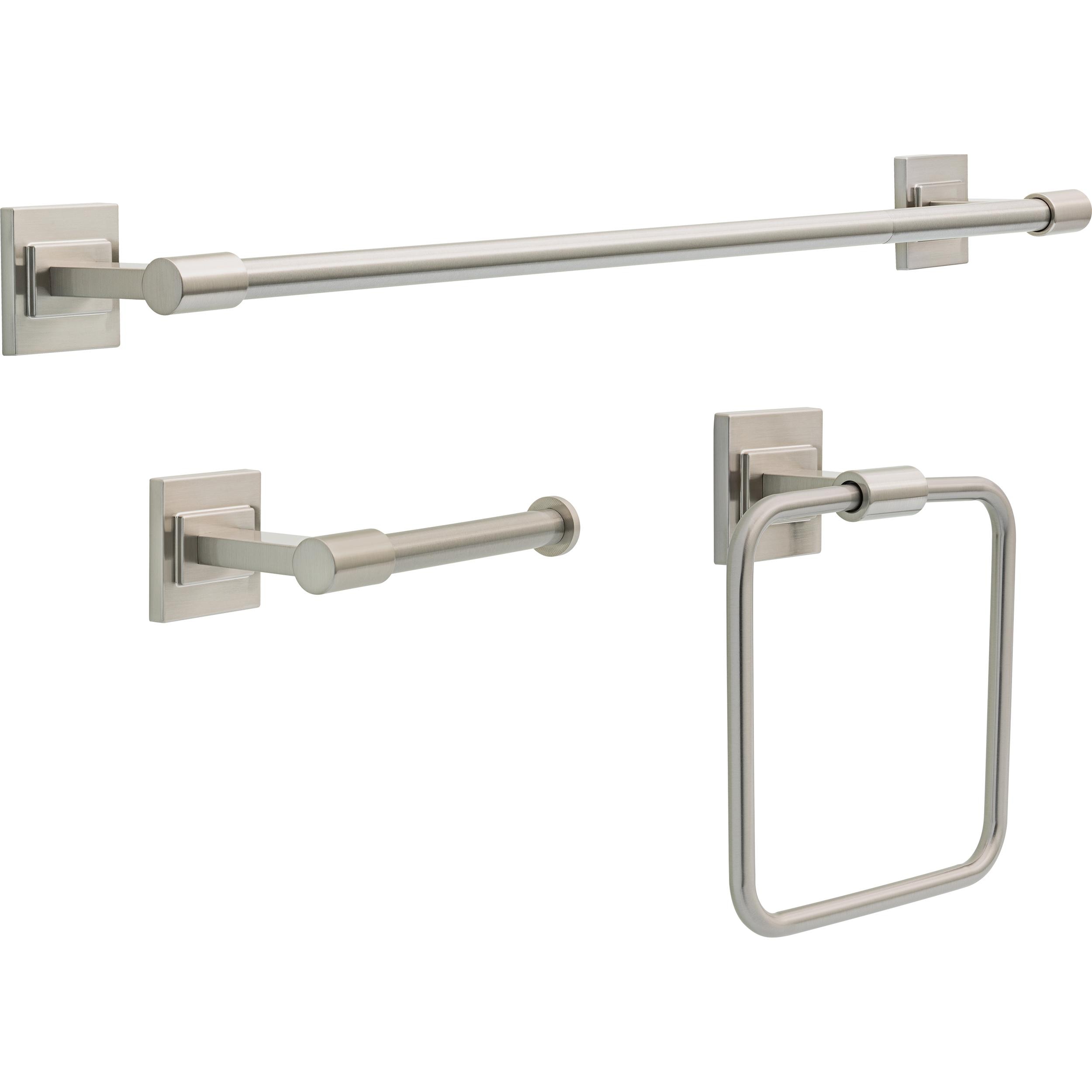 Juego de accesorios decorativos para baño en níquel cepillado con protección McLaren Spotshield de 3 piezas Delta: Barra de toalla, portarrollos de papel higiénico y anillo de toalla incluidos MCL63-BN
