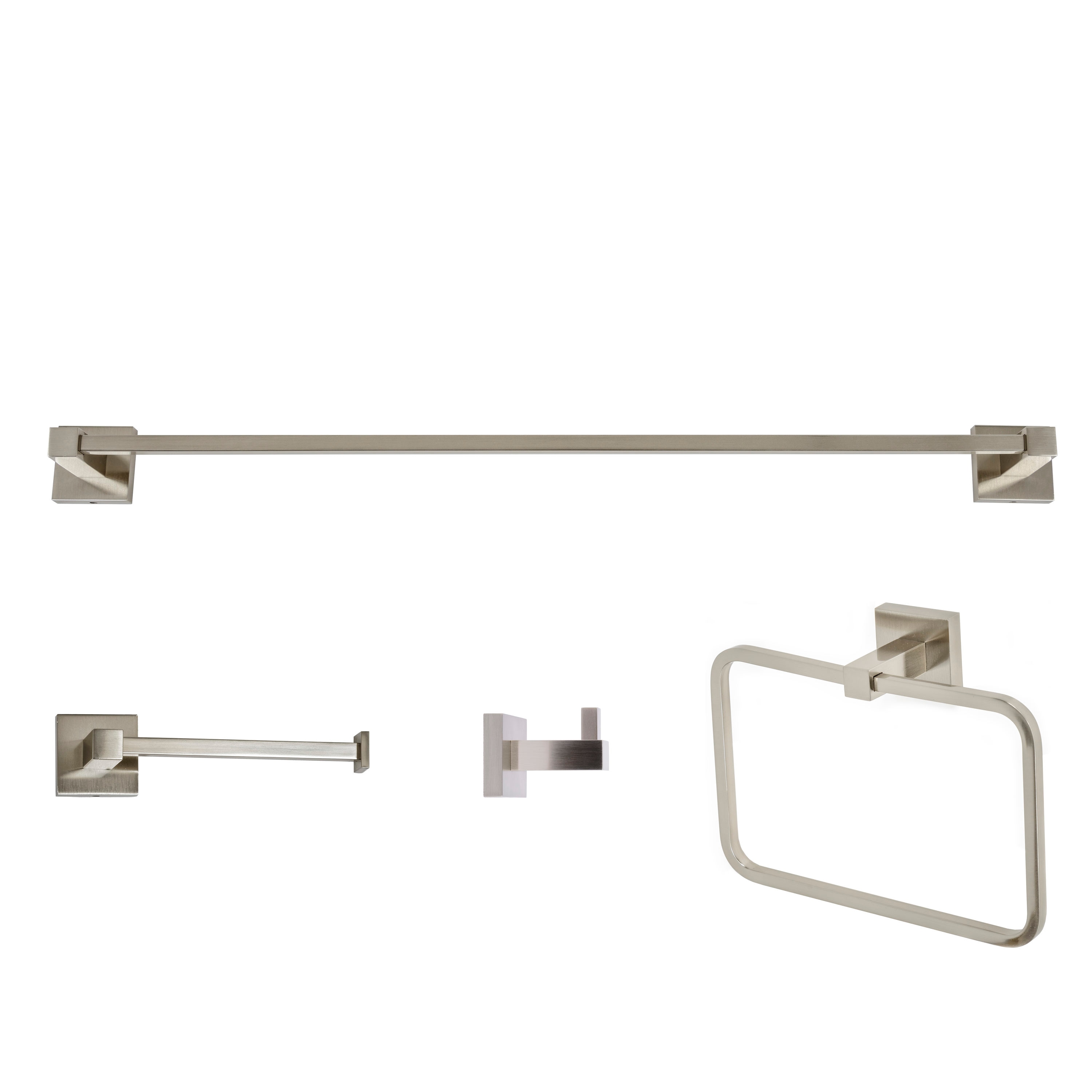 Juego de Accesorios de Baño Decorativos de Níquel Cepillado Italia 4 Piezas - Barra de Toallas, Porta Papel, Argolla de Toalla, Gancho para Batas Incluidos CA418BNSET