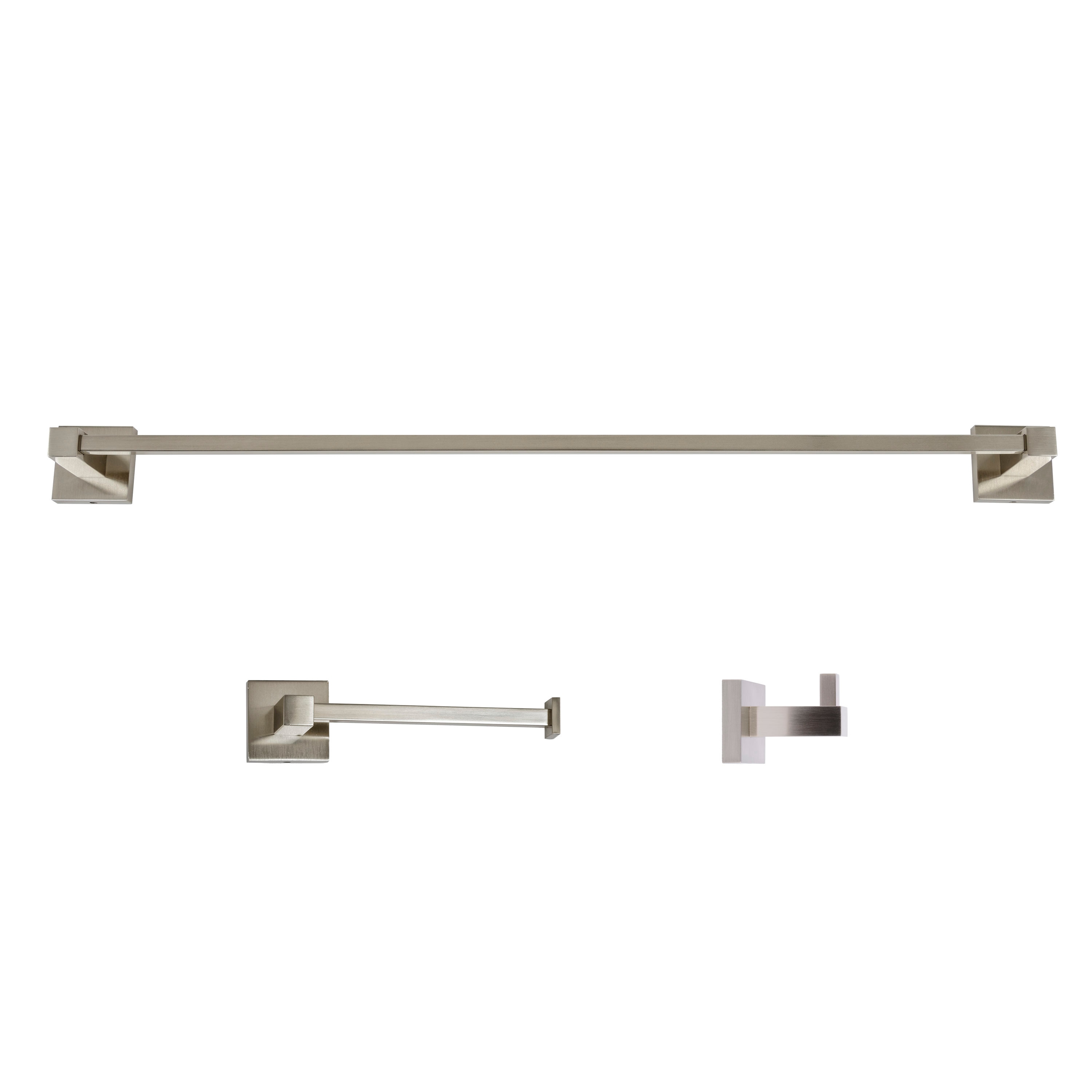 Set de accesorios de baño decorativos Capri de níquel cepillado de 3 piezas incluye barra de toalla, porta papel higiénico y gancho para bata.