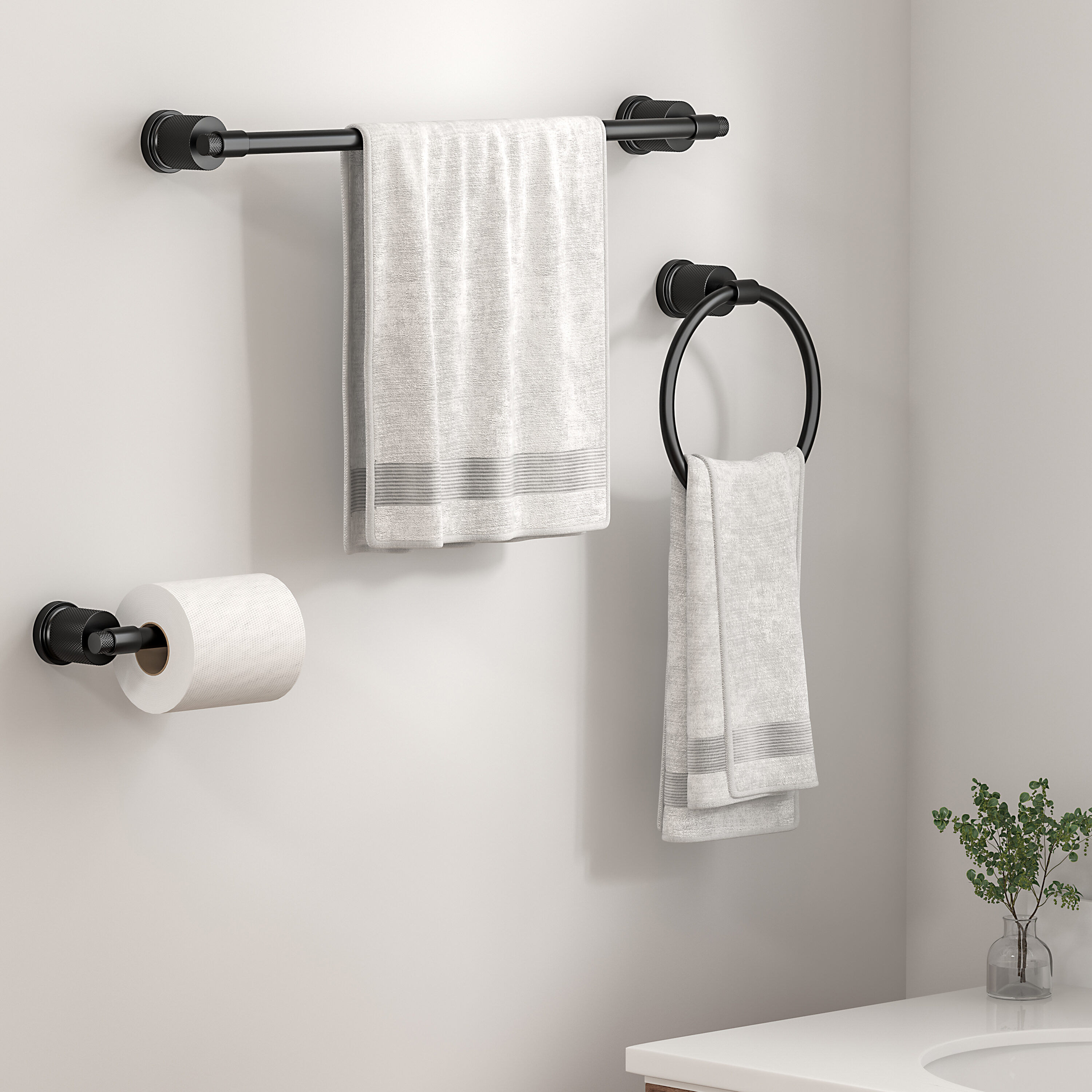 Juego de baño decorativo de 3 piezas en negro: Barra de toalla, portarrollos y aro para toalla marca FORIOUS, incluido LL19011B3A.