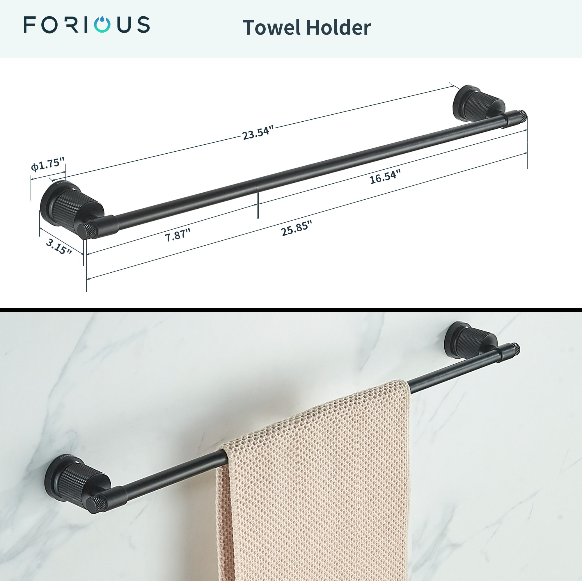 Juego de baño decorativo de 3 piezas en negro: Barra de toalla, portarrollos y aro para toalla marca FORIOUS, incluido LL19011B3A.