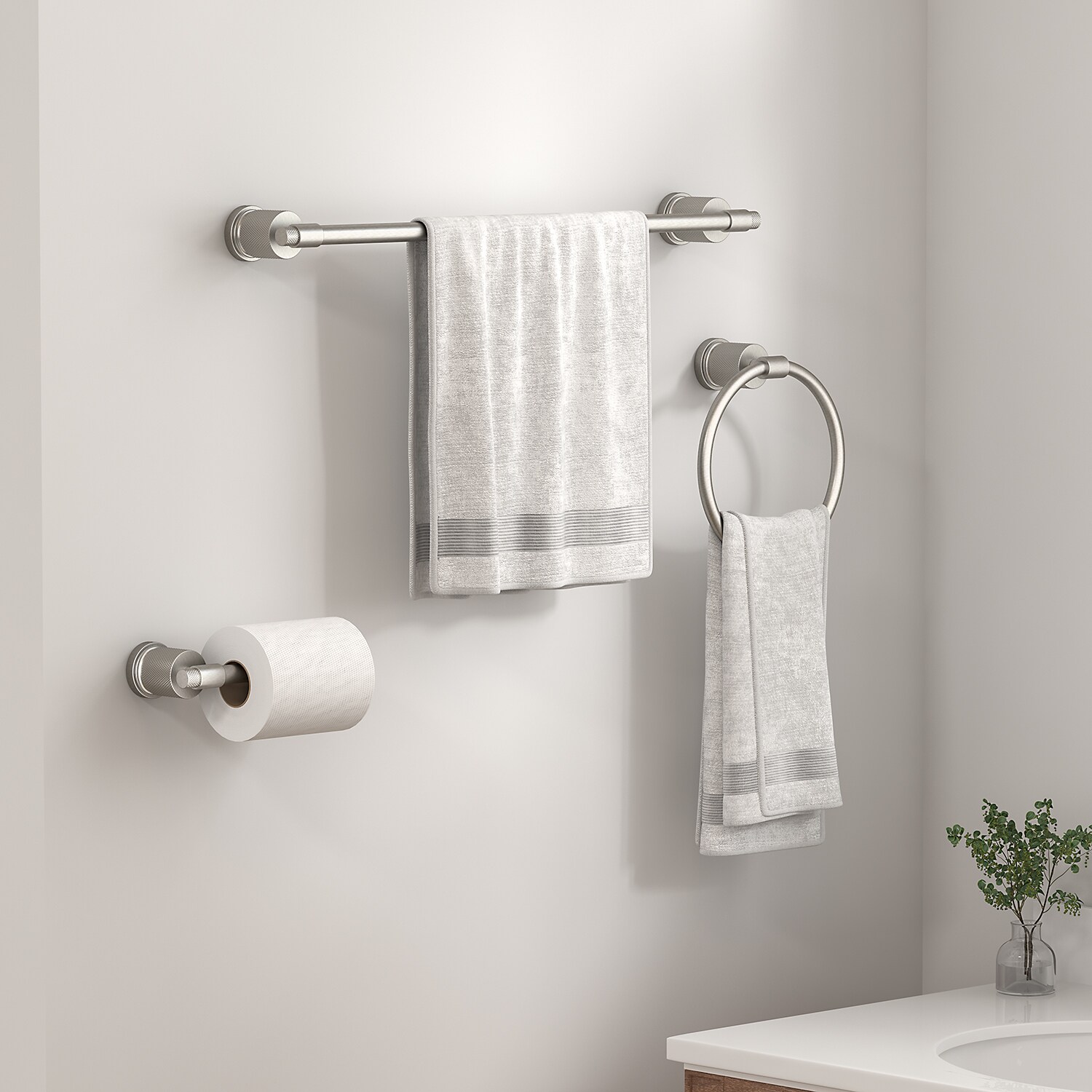 Juego de accesorios de baño decorativos de níquel cepillado de 3 piezas - Barra de toallas, porta papel higiénico, anillo de toalla incluido LL19011BN3A