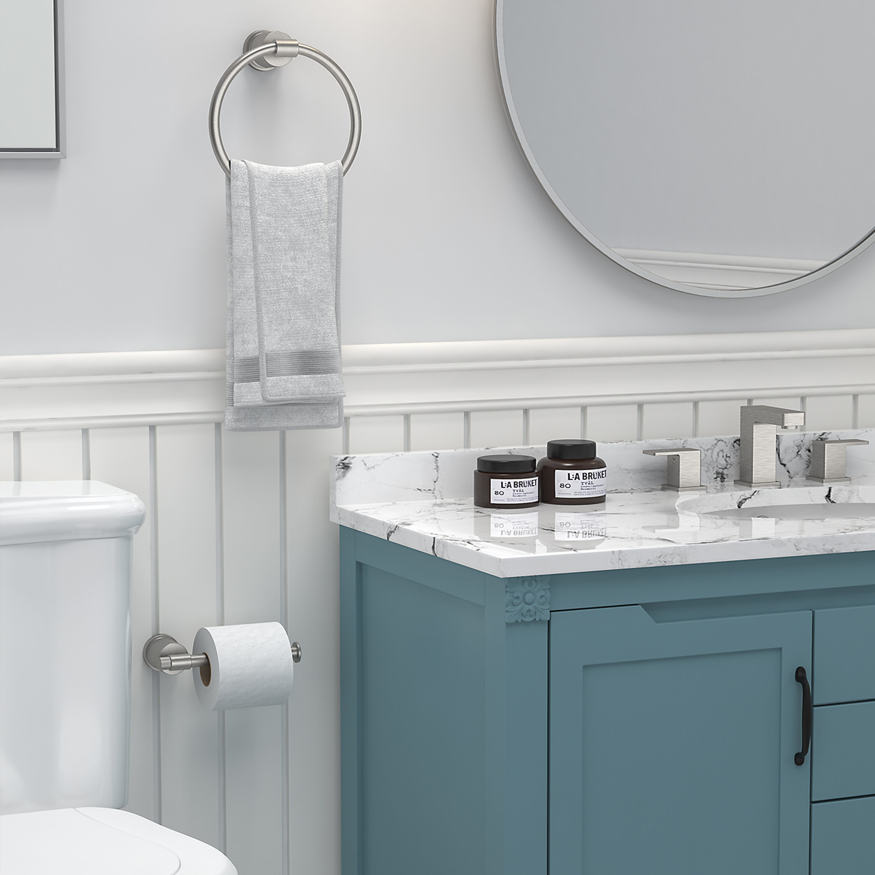 Juego de accesorios de baño decorativos de níquel cepillado de 3 piezas - Barra de toallas, porta papel higiénico, anillo de toalla incluido LL19011BN3A