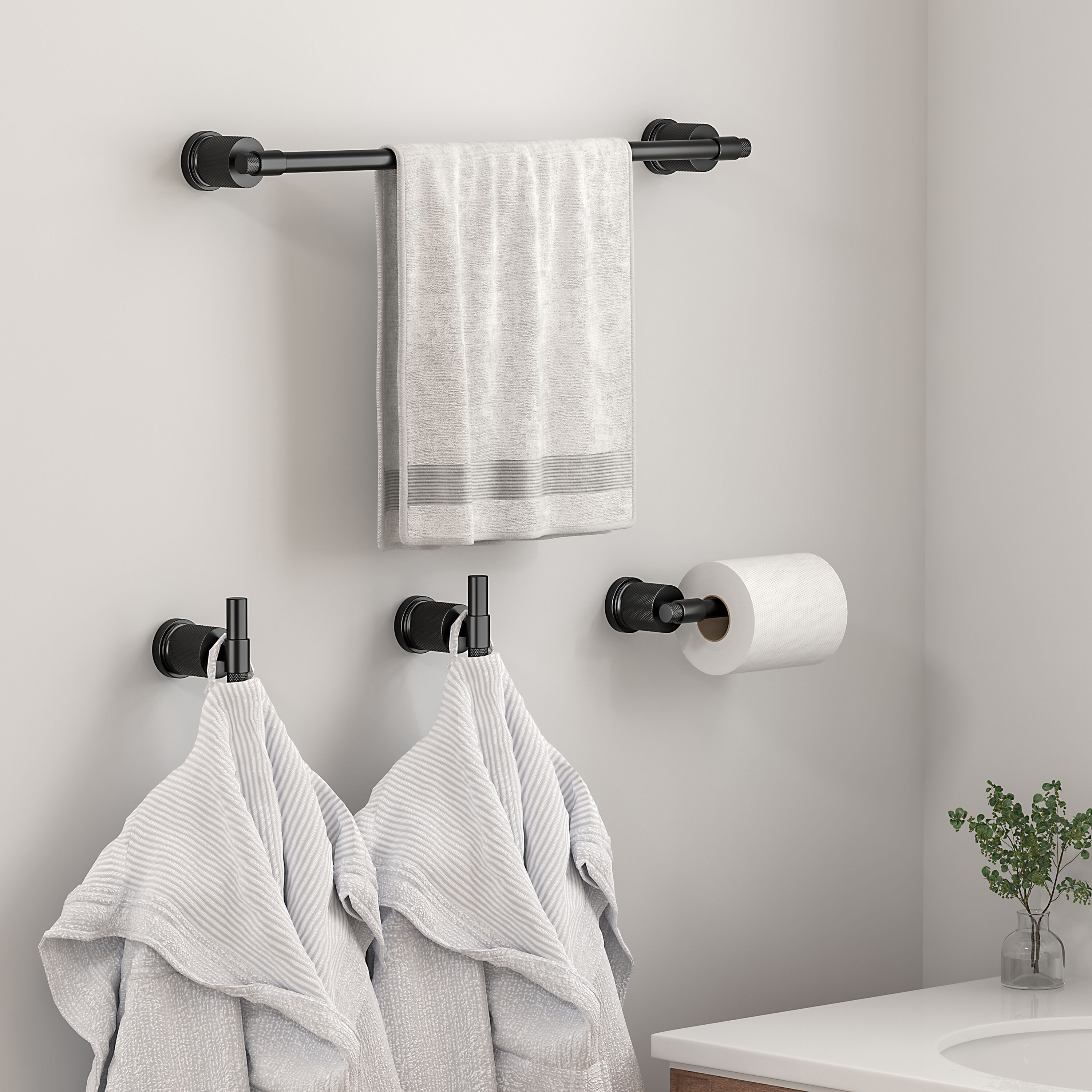Juego de accesorios de baño decorativos en negro de 4 piezas: barra para toallas, portarrollos de papel higiénico, gancho para batas incluido LL19011B4C