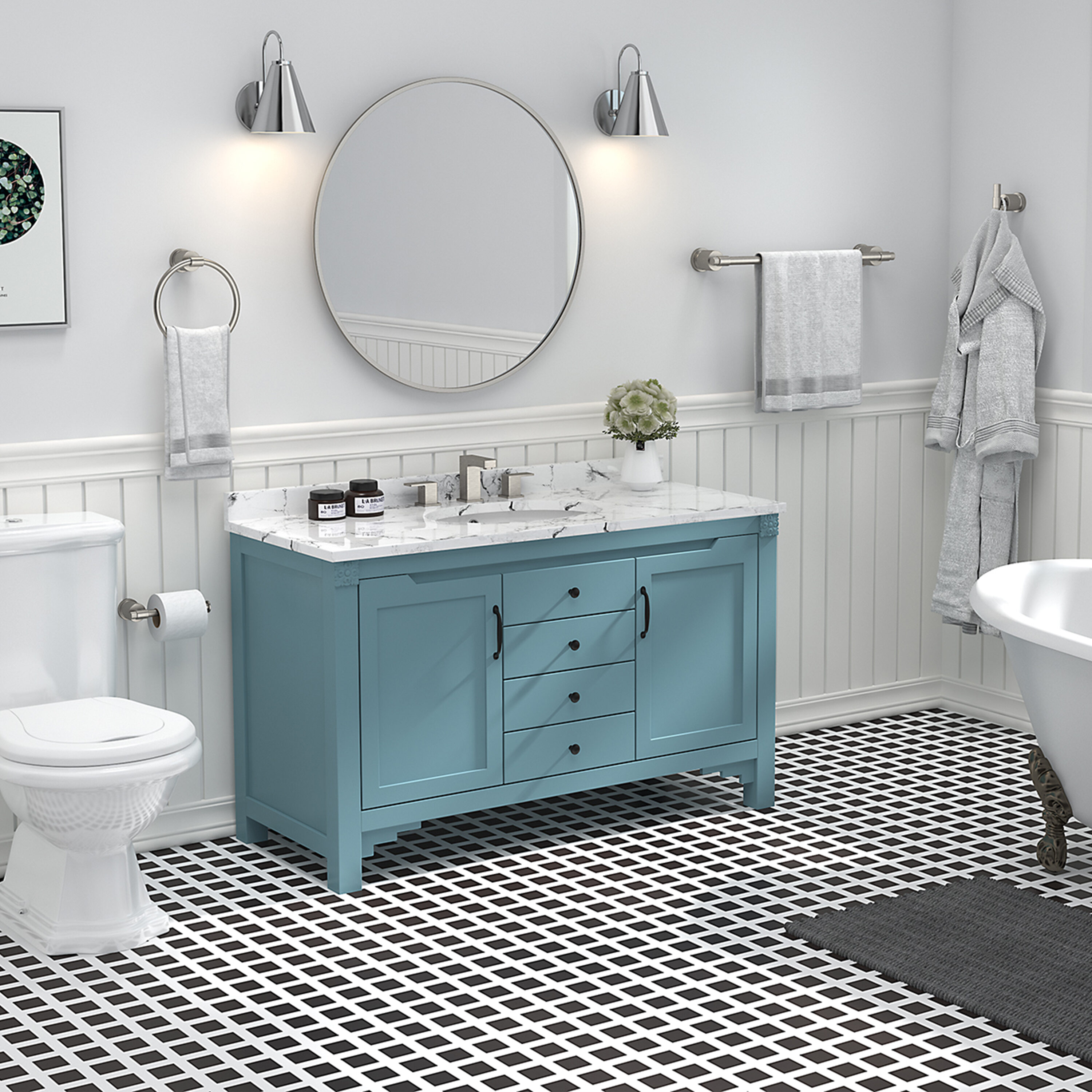Set de accesorios para baño decorativos de 4 piezas en níquel cepillado, incluye barra de toallas, porta papel higiénico y gancho para batas.