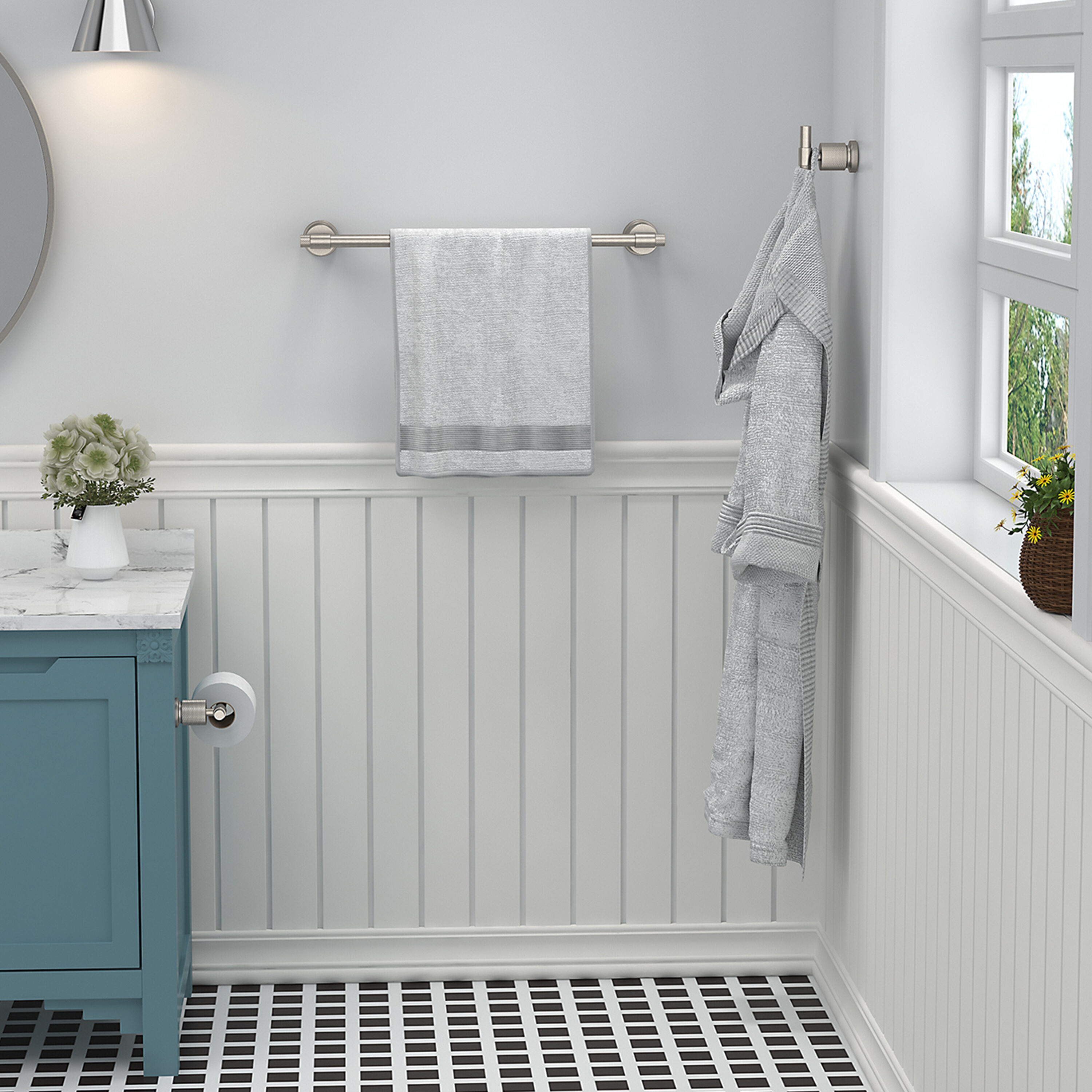 Juego de Accesorios Decorativos para Baño de 4 Piezas en Níquel Cepillado - Barra de Toallas, Porta Papel Higiénico, Gancho para Batas incluido LL19011BN4C