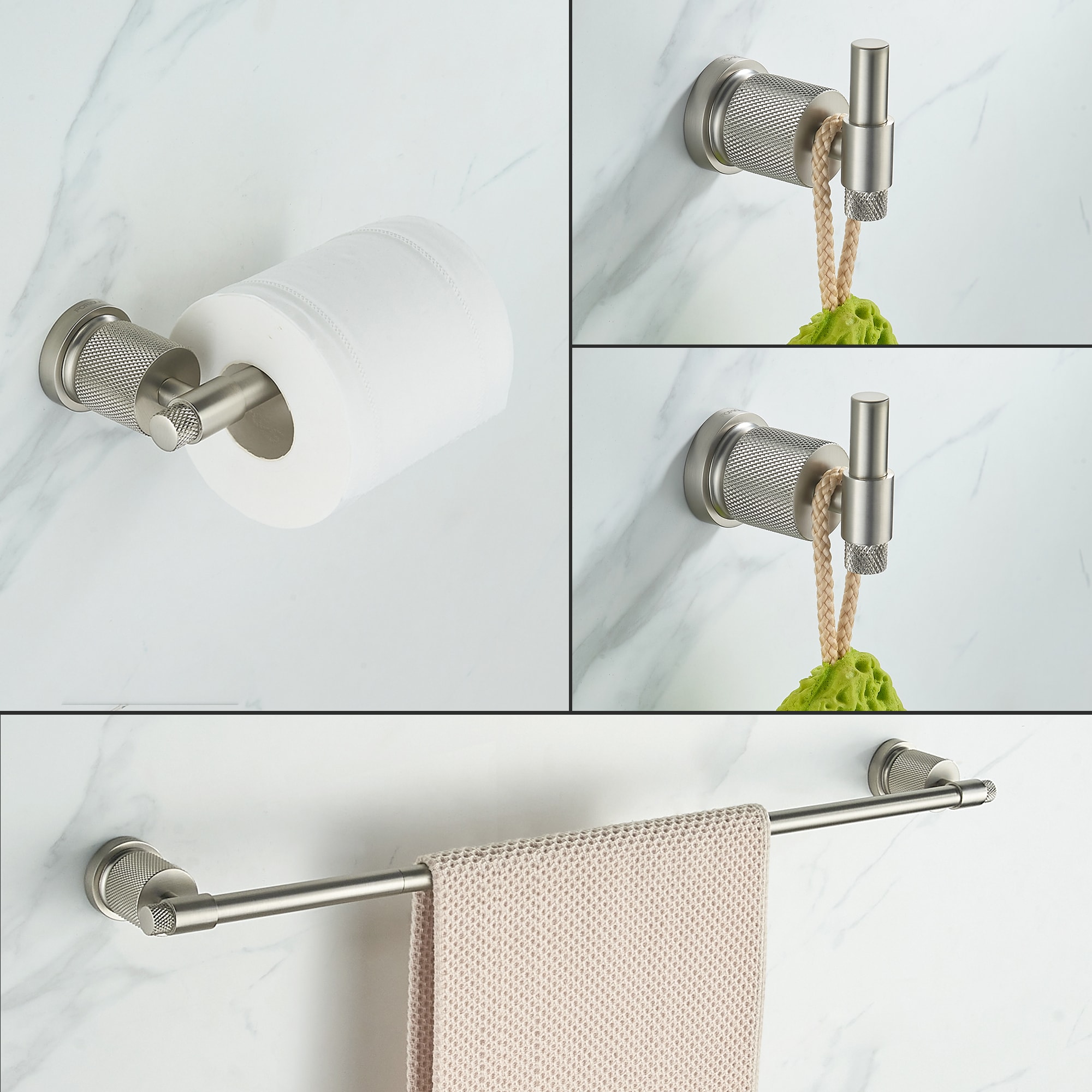 Juego de Accesorios Decorativos para Baño de 4 Piezas en Níquel Cepillado - Barra de Toallas, Porta Papel Higiénico, Gancho para Batas incluido LL19011BN4C