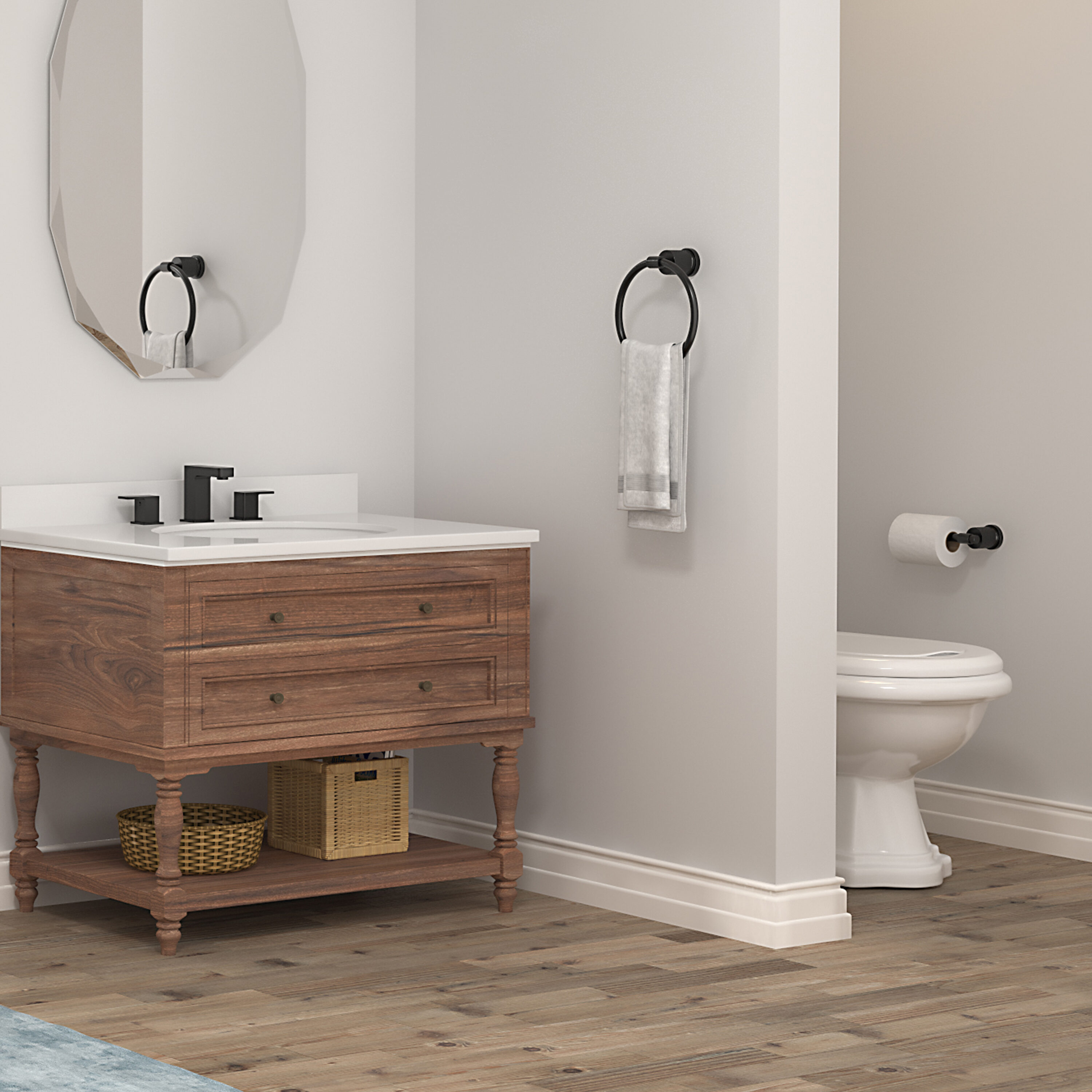 Juego de Accesorios de Baño Decorativos en Negro de 4 Piezas FORIOUS, Incluye Barra de Toalla, Portarrollos de Papel, Anillo de Toalla y Gancho para Bata LL19011B4A