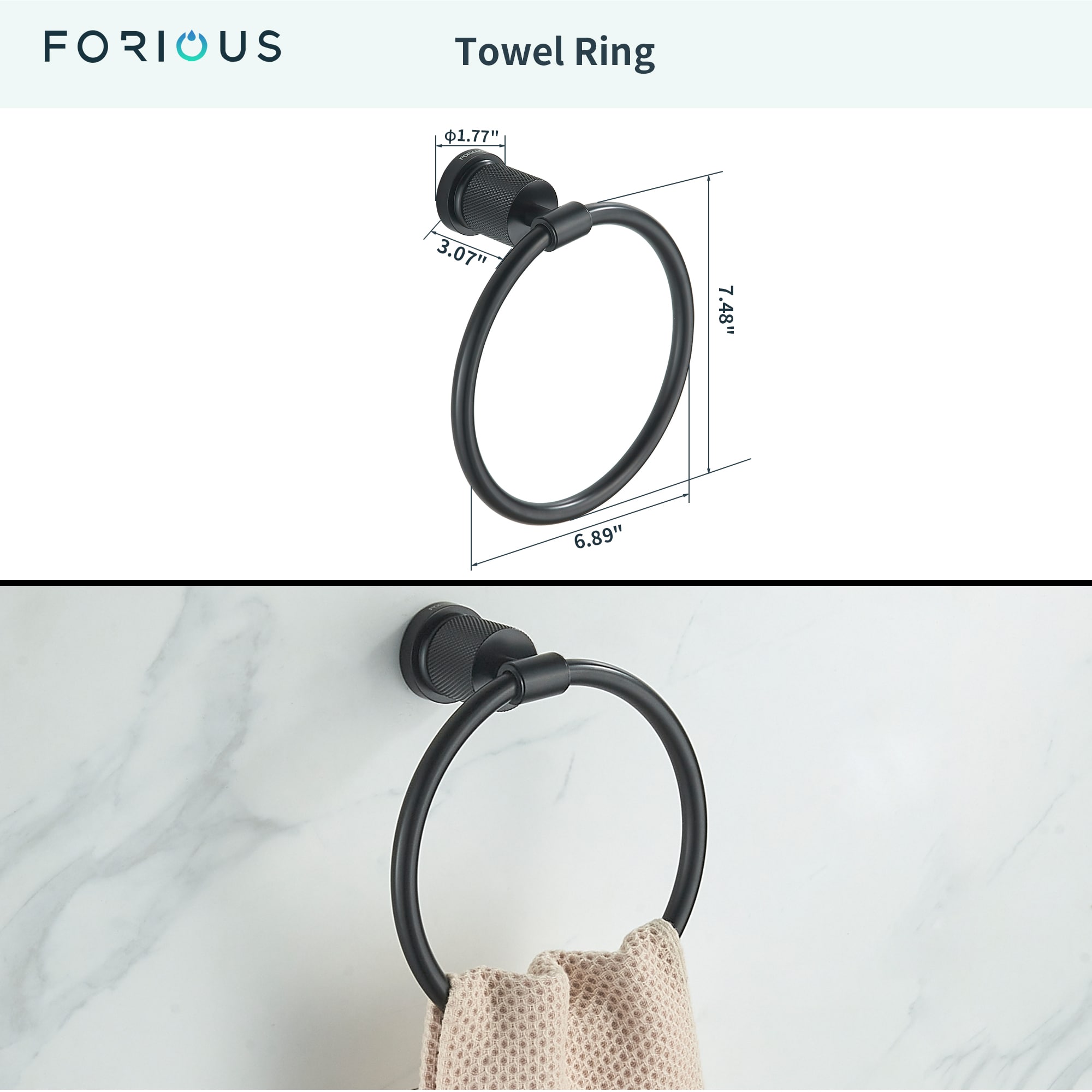 Juego de Accesorios de Baño Decorativos en Negro de 4 Piezas FORIOUS, Incluye Barra de Toalla, Portarrollos de Papel, Anillo de Toalla y Gancho para Bata LL19011B4A
