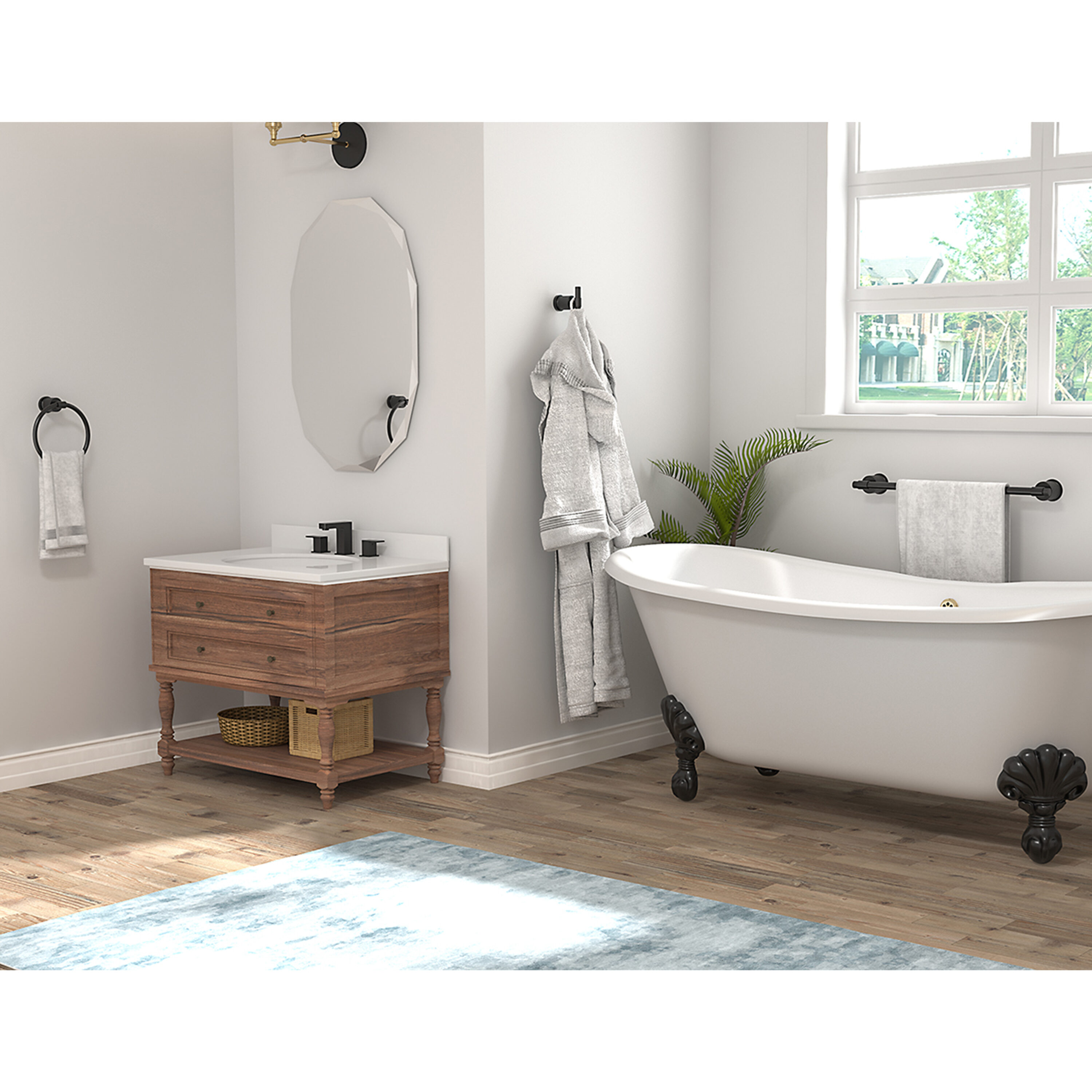 Juego de Accesorios de Baño Decorativos en Negro de 4 Piezas FORIOUS, Incluye Barra de Toalla, Portarrollos de Papel, Anillo de Toalla y Gancho para Bata LL19011B4A