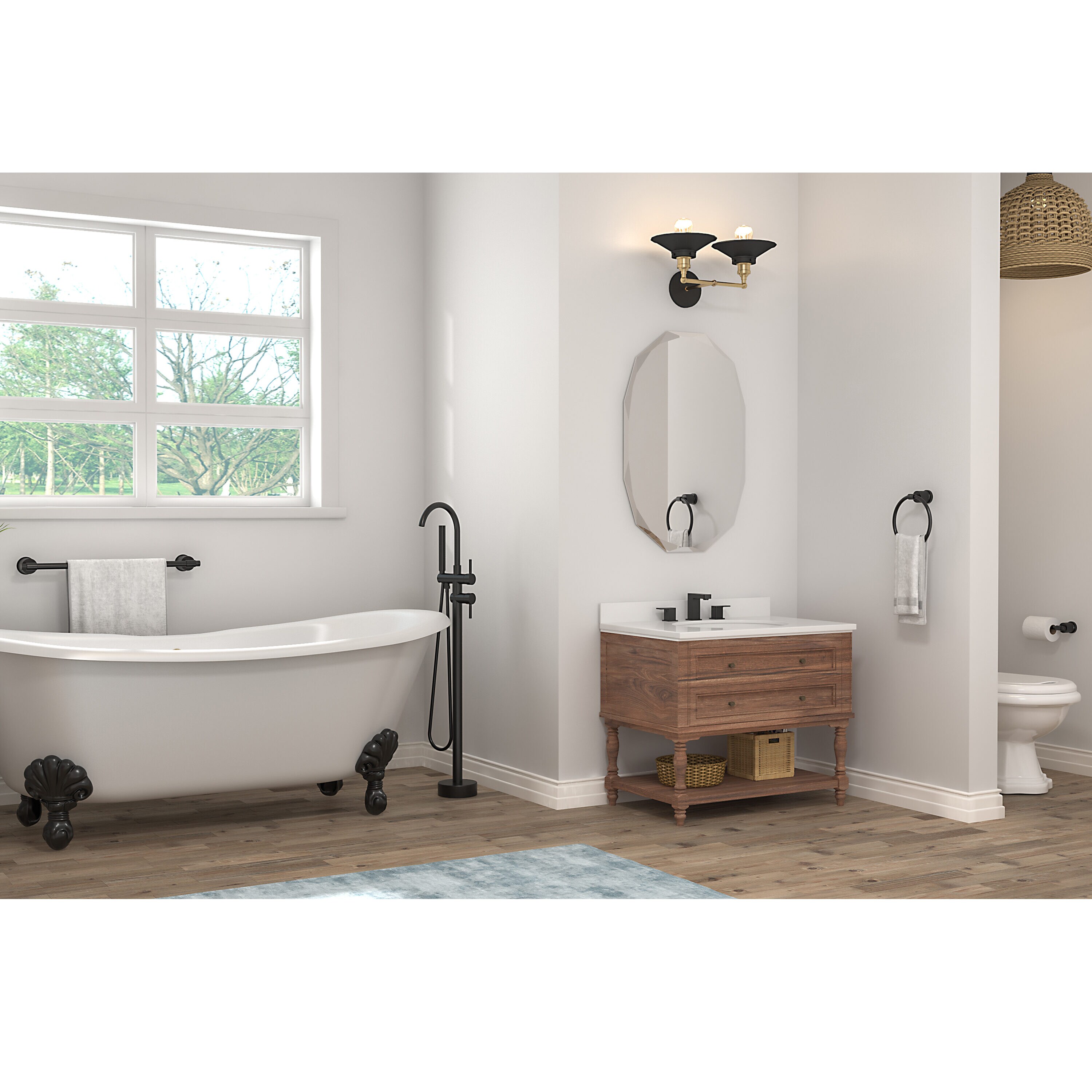 Juego de Accesorios de Baño Decorativos en Negro de 4 Piezas FORIOUS, Incluye Barra de Toalla, Portarrollos de Papel, Anillo de Toalla y Gancho para Bata LL19011B4A