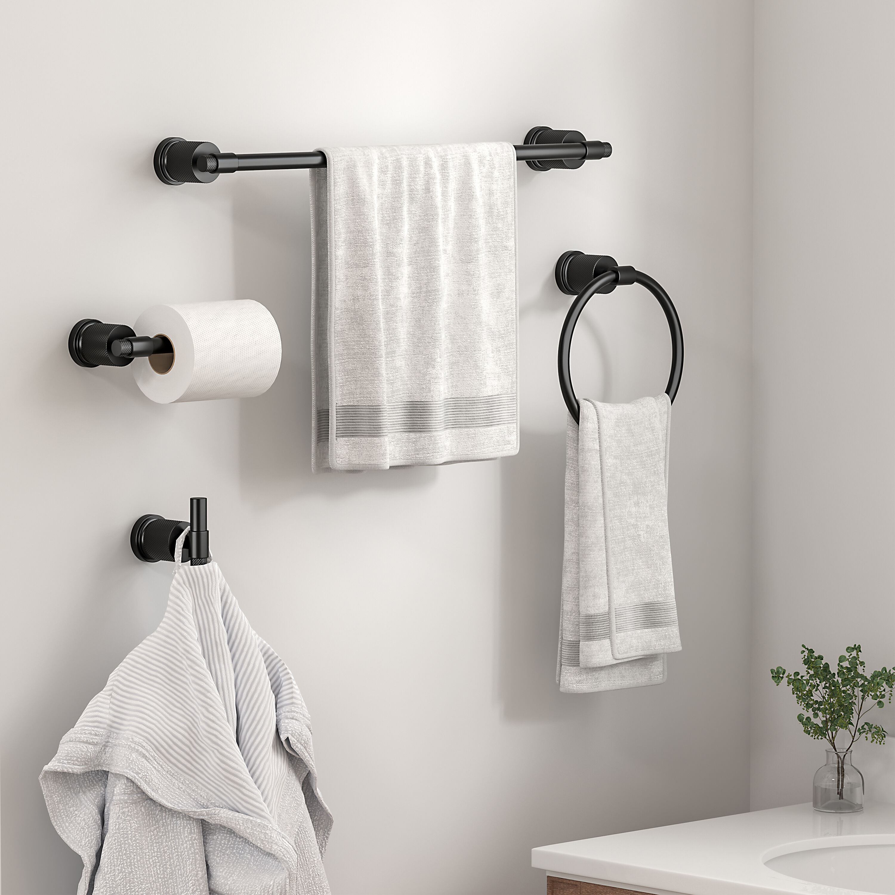 Juego de Accesorios de Baño Decorativos en Negro de 4 Piezas FORIOUS, Incluye Barra de Toalla, Portarrollos de Papel, Anillo de Toalla y Gancho para Bata LL19011B4A